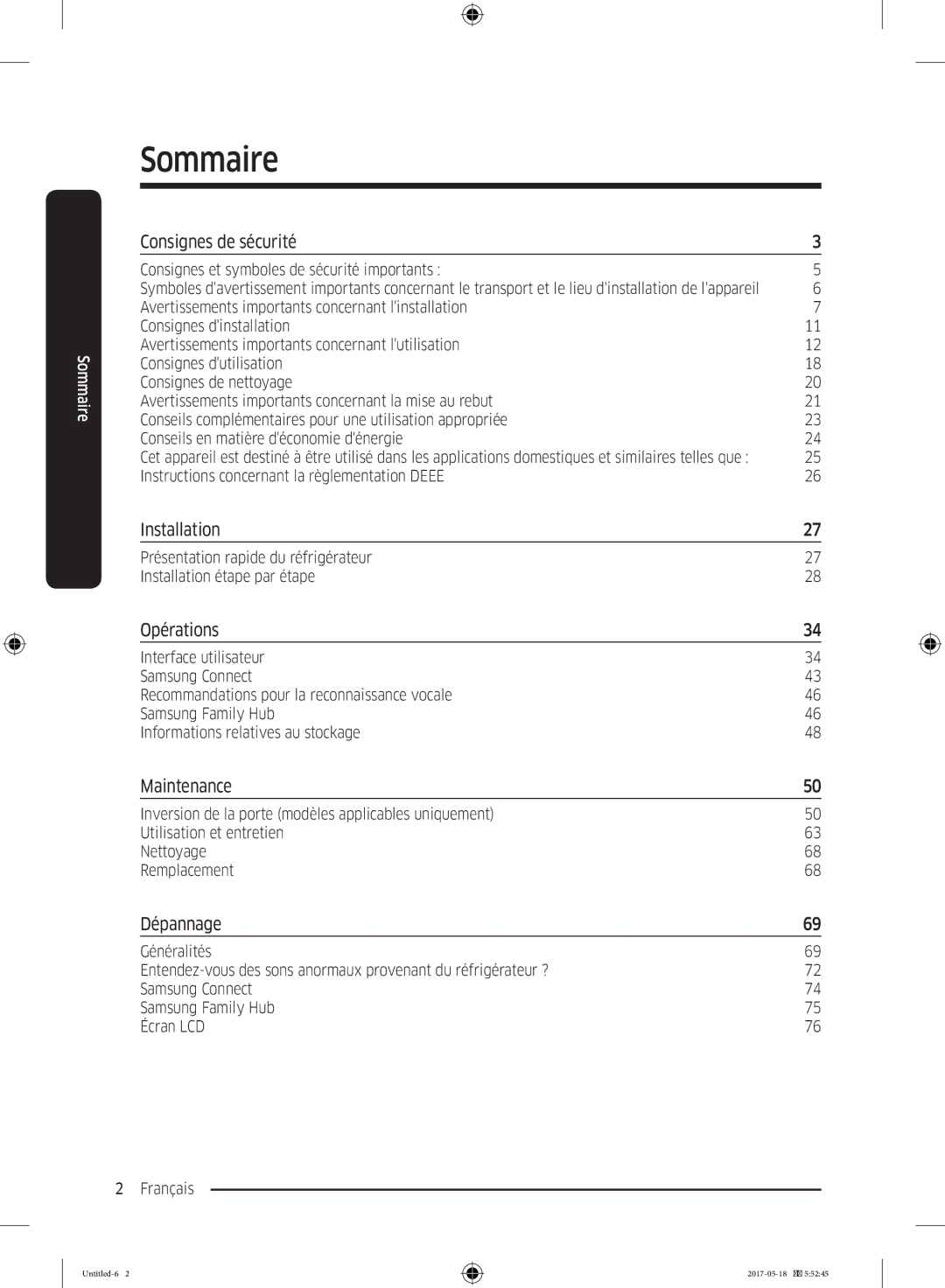 Samsung RB38K7998S4/EF, RL37J501MSA/EG, RB38M7998S4/EF manual Sommaire, Consignes de sécurité, Opérations, Dépannage 