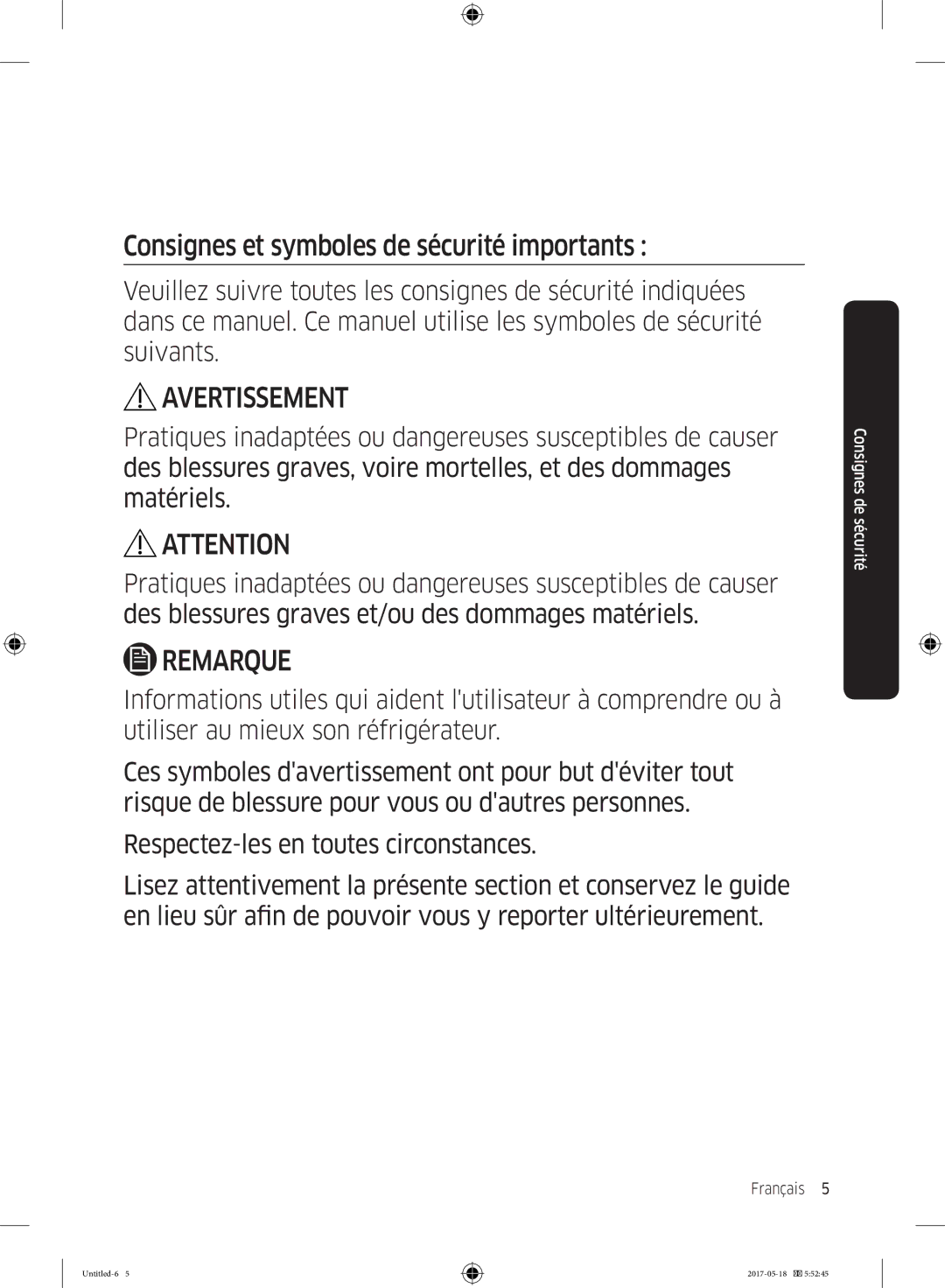 Samsung RB38K7998S4/EF, RL37J501MSA/EG, RB38M7998S4/EF manual Consignes et symboles de sécurité importants, Avertissement 