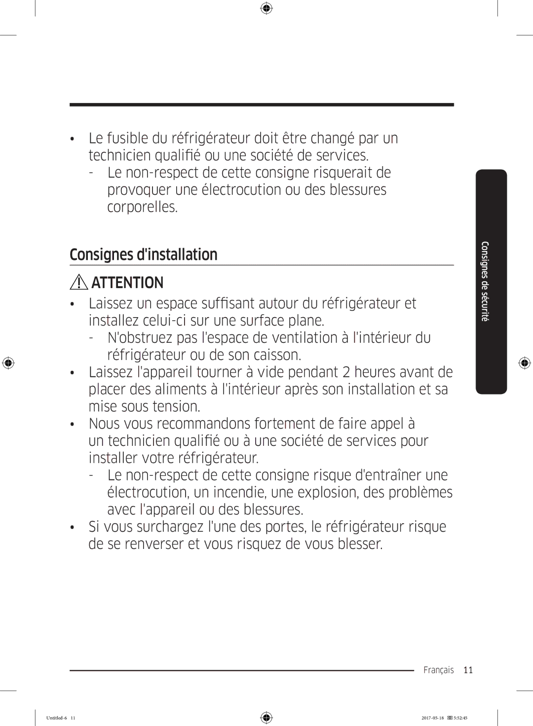 Samsung RB38K7998S4/EF, RL37J501MSA/EG, RB38M7998S4/EF manual Consignes dinstallation 