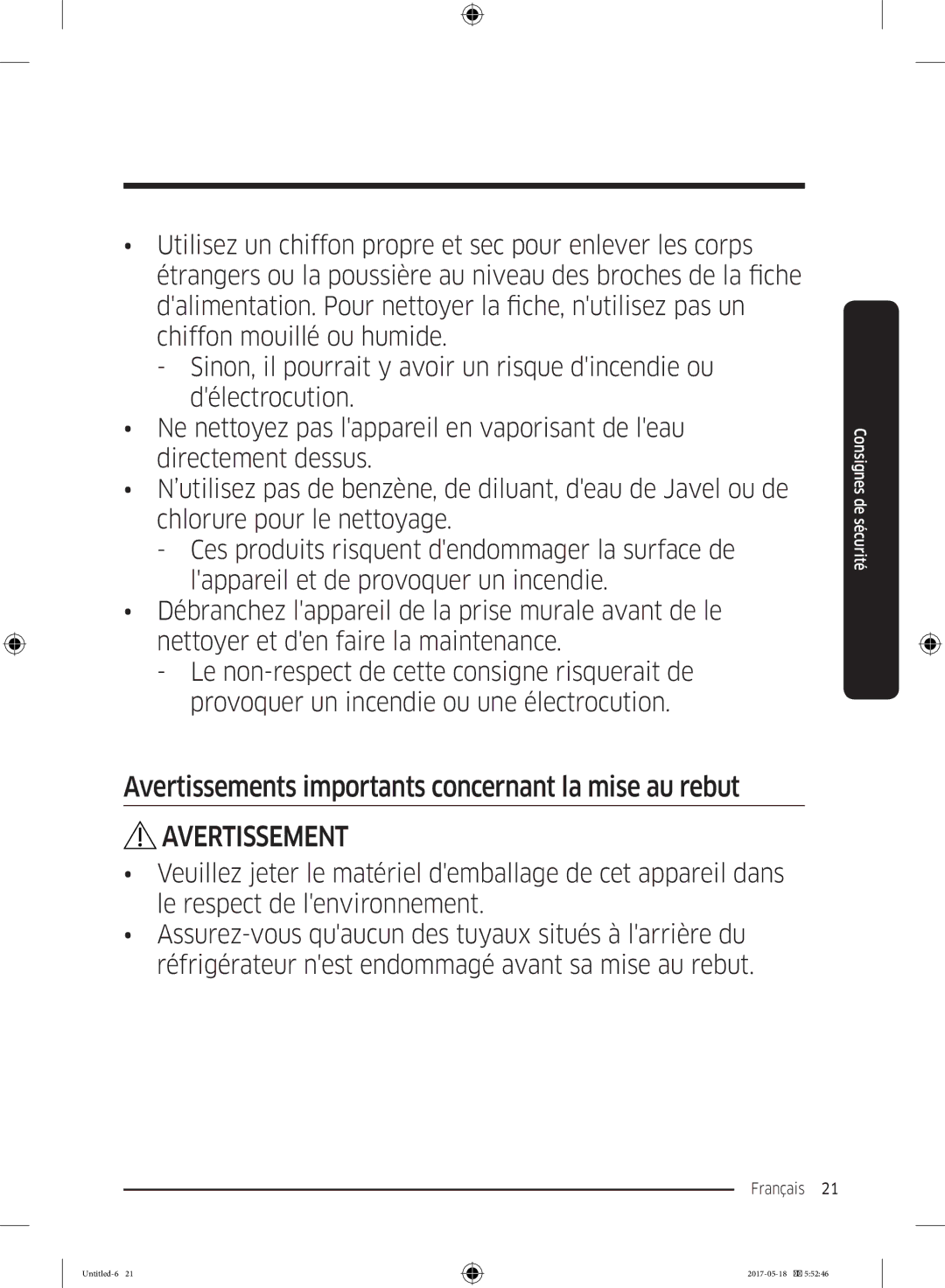 Samsung RL37J501MSA/EG, RB38K7998S4/EF, RB38M7998S4/EF manual Avertissements importants concernant la mise au rebut 