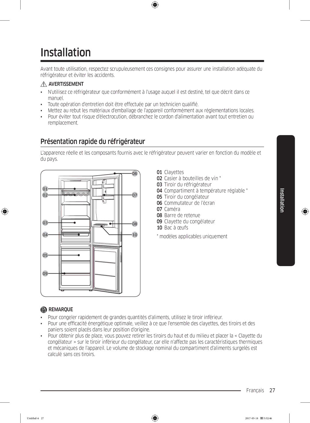 Samsung RL37J501MSA/EG, RB38K7998S4/EF, RB38M7998S4/EF manual Présentation rapide du réfrigérateur 