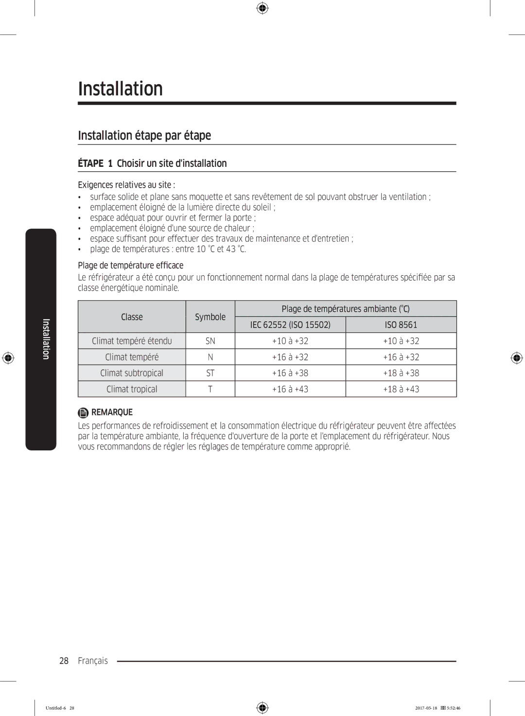 Samsung RB38M7998S4/EF, RB38K7998S4/EF, RL37J501MSA/EG Installation étape par étape, Étape 1 Choisir un site dinstallation 