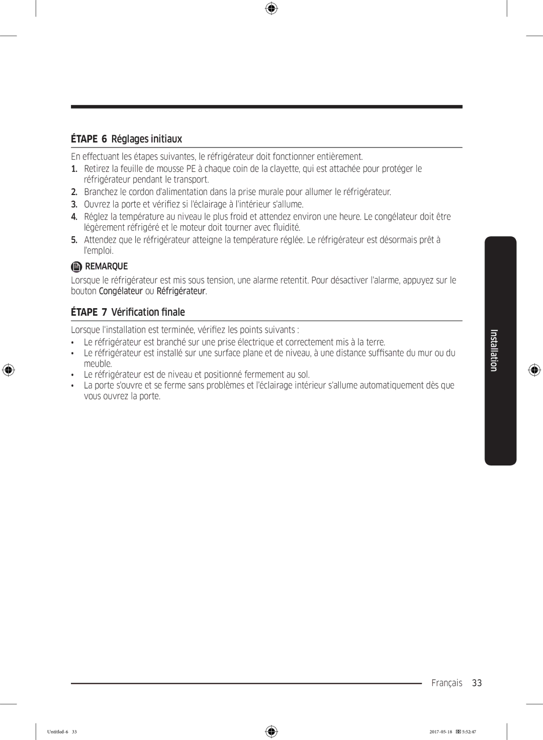 Samsung RL37J501MSA/EG, RB38K7998S4/EF, RB38M7998S4/EF manual Étape 6 Réglages initiaux, Étape 7 Vérification finale 