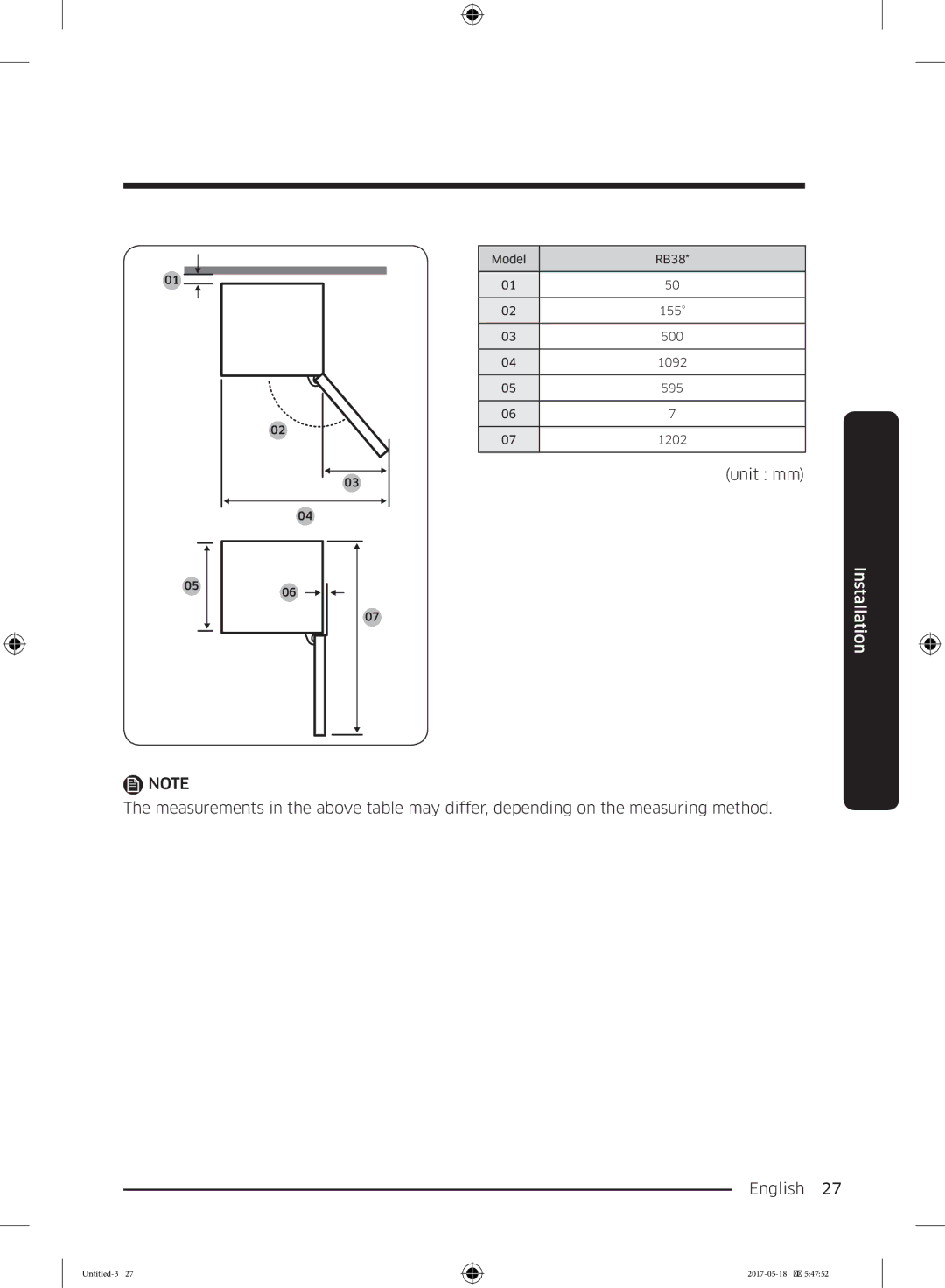 Samsung RB38K7998S4/EF, RL37J501MSA/EG, RB38M7998S4/EF manual Unit mm 