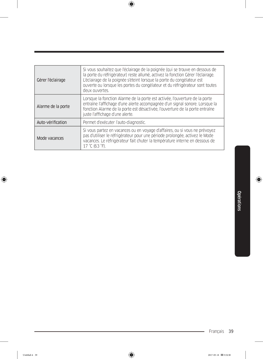 Samsung RL37J501MSA/EG manual Deux ouvertes, Alarme de la porte, Juste laffichage dune alerte, Mode vacances, 17 C 63 F 