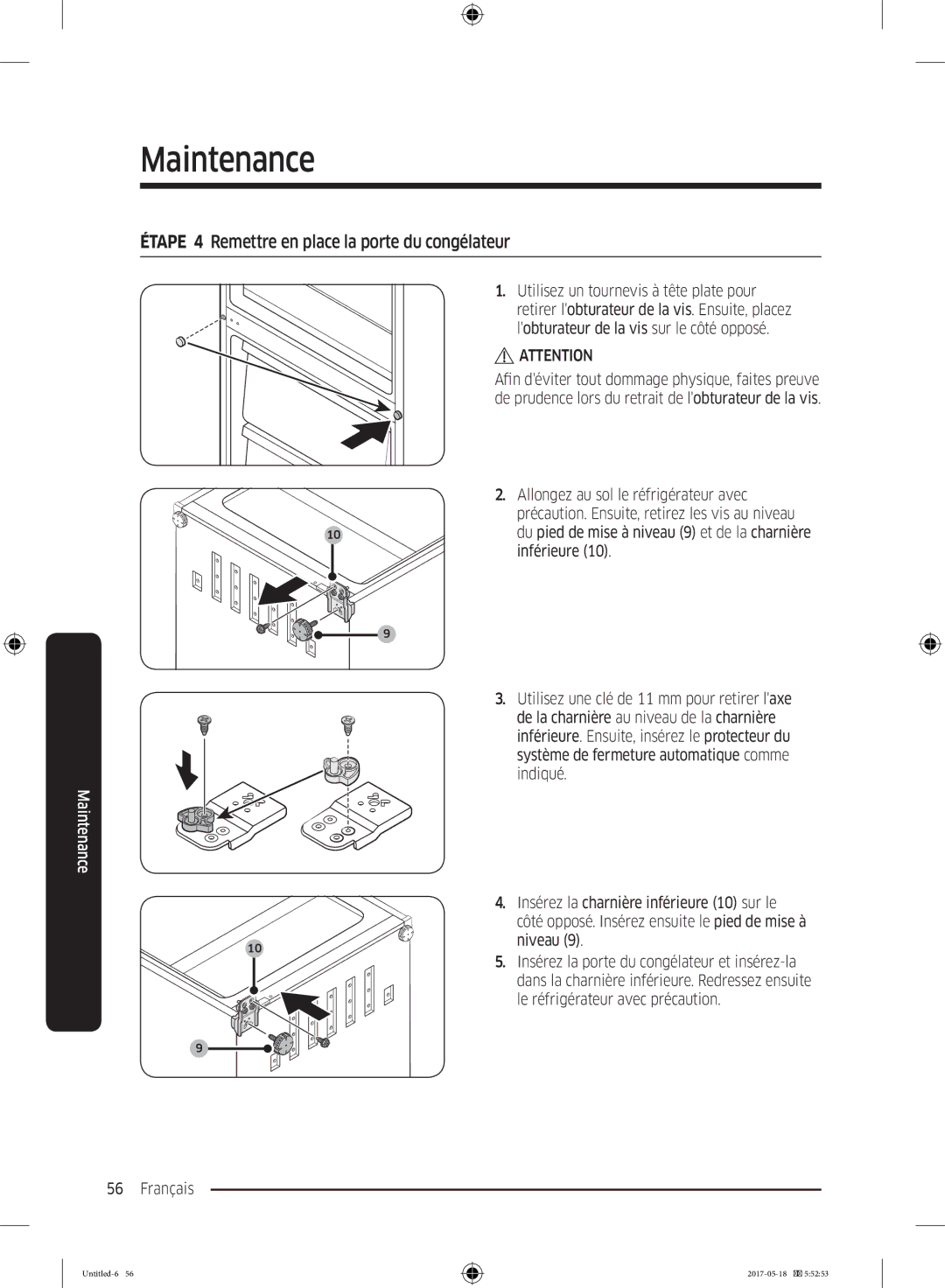 Samsung RB38K7998S4/EF, RL37J501MSA/EG, RB38M7998S4/EF manual Étape 4 Remettre en place la porte du congélateur, Niveau 