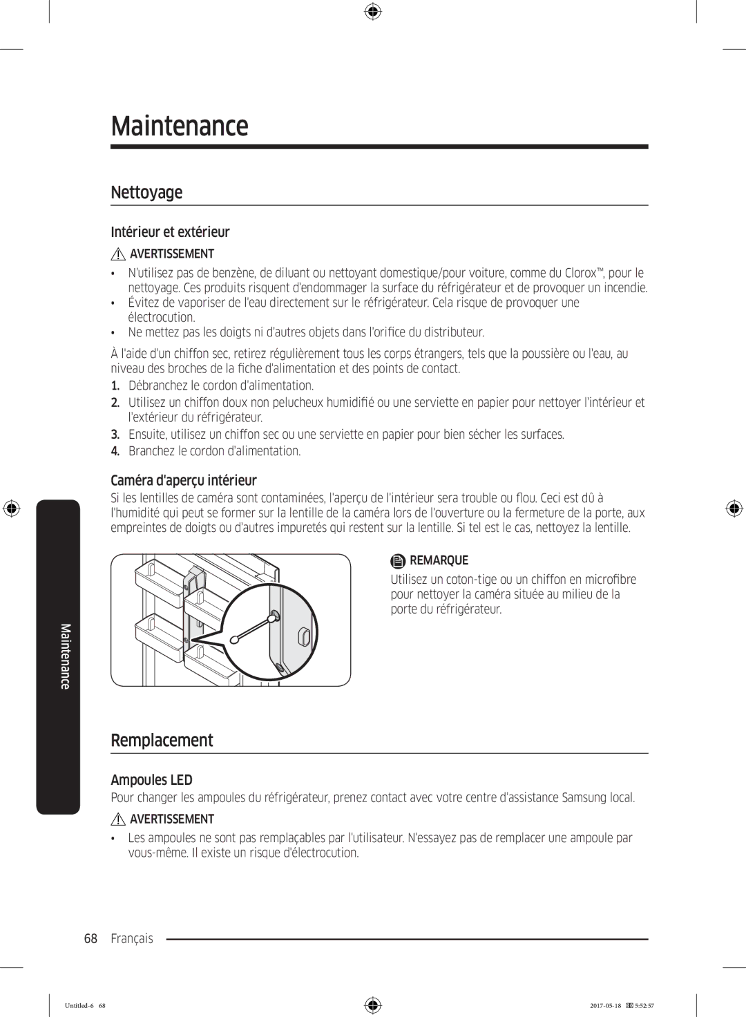 Samsung RB38K7998S4/EF manual Nettoyage, Remplacement, Intérieur et extérieur, Caméra daperçu intérieur, Ampoules LED 