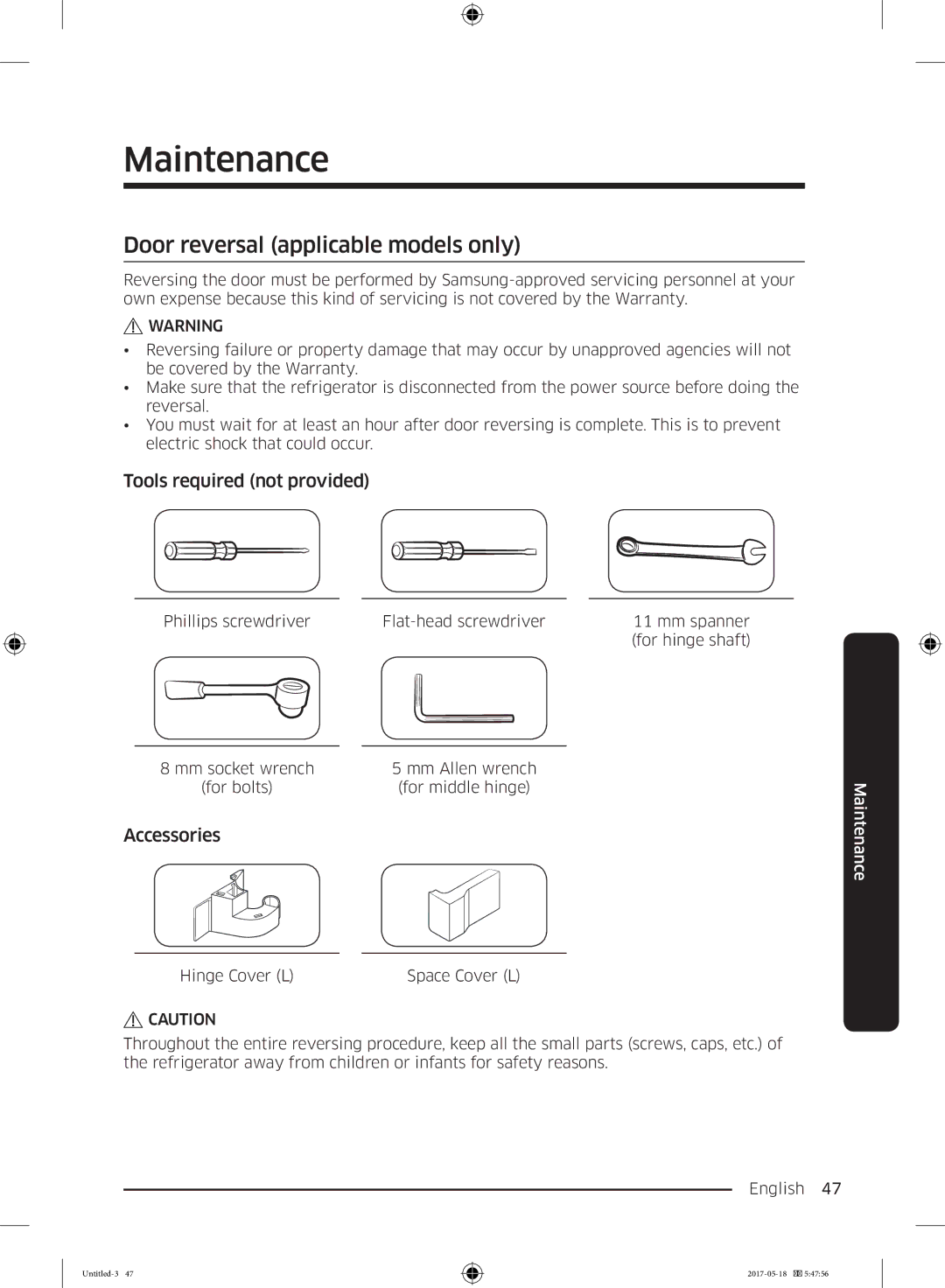 Samsung RB38M7998S4/EF manual Maintenance, Door reversal applicable models only, Tools required not provided, Accessories 