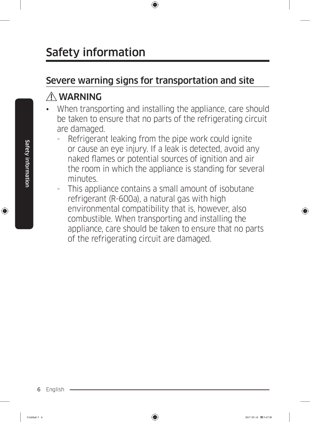 Samsung RB38K7998S4/EF, RL37J501MSA/EG, RB38M7998S4/EF manual Severe warning signs for transportation and site 