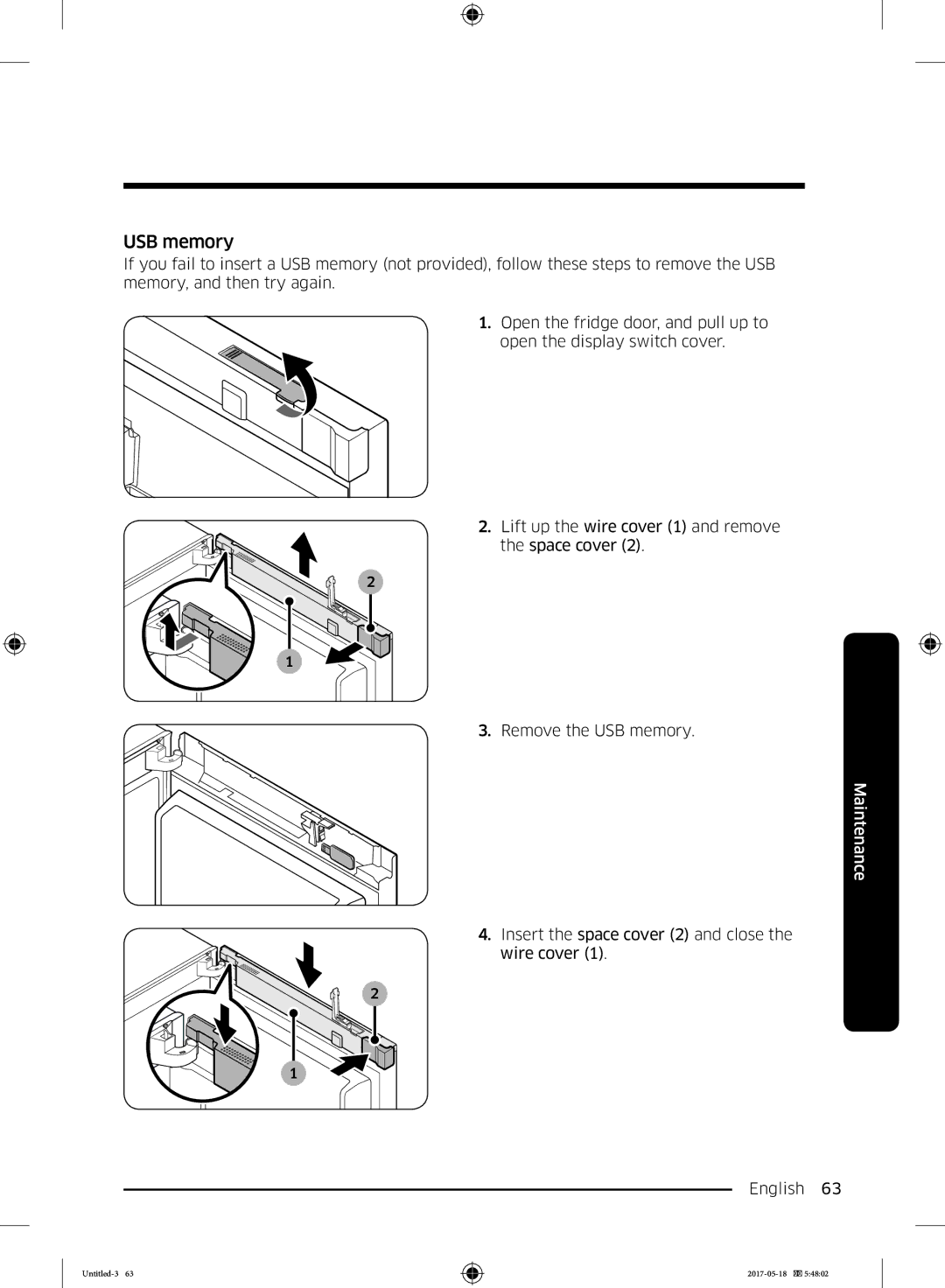 Samsung RB38K7998S4/EF, RL37J501MSA/EG manual USB memory, Insert the space cover 2 and close the wire cover English  