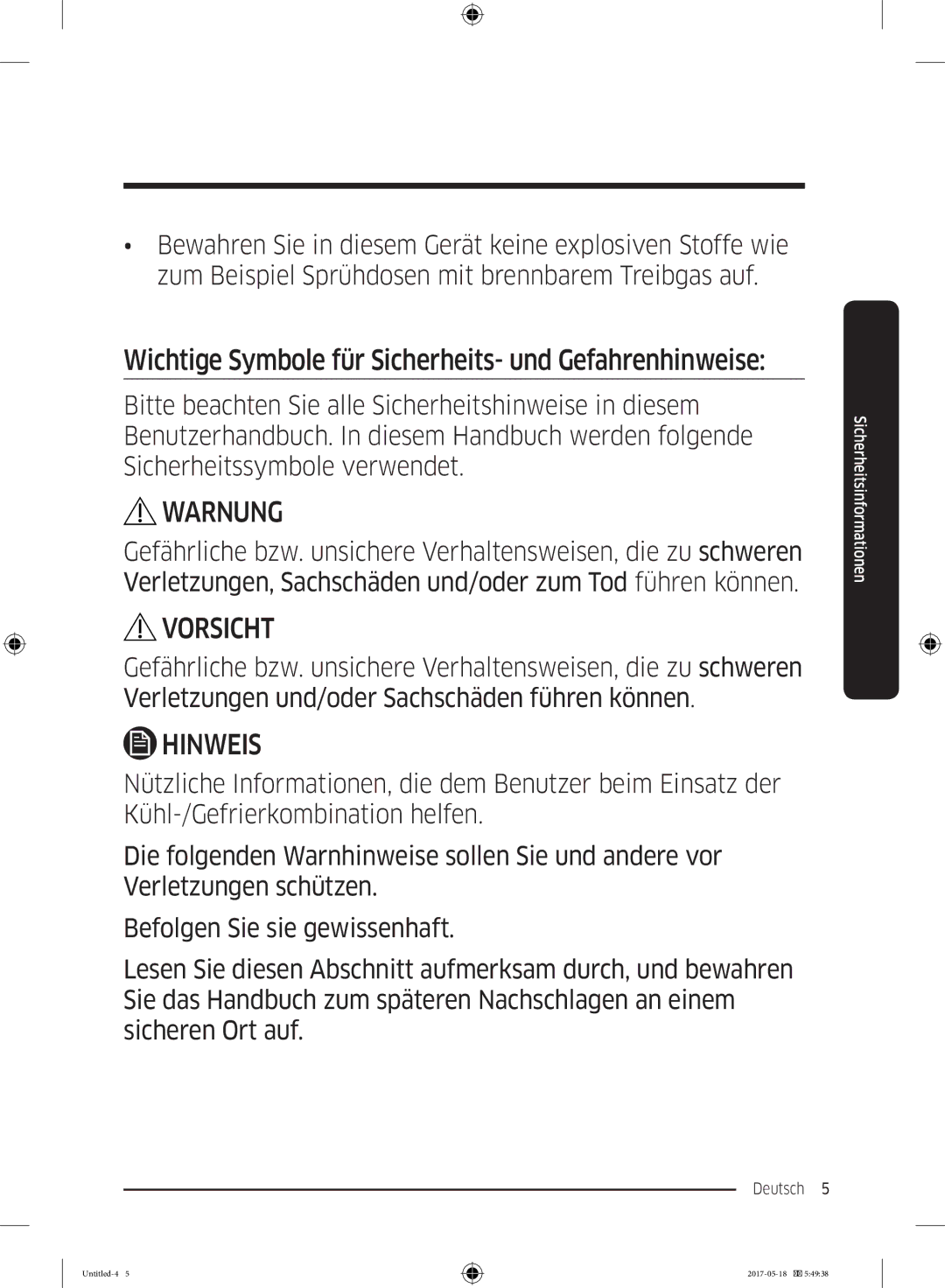 Samsung RB38K7998S4/EF, RL37J501MSA/EG, RB38M7998S4/EF manual Wichtige Symbole für Sicherheits- und Gefahrenhinweise, Warnung 