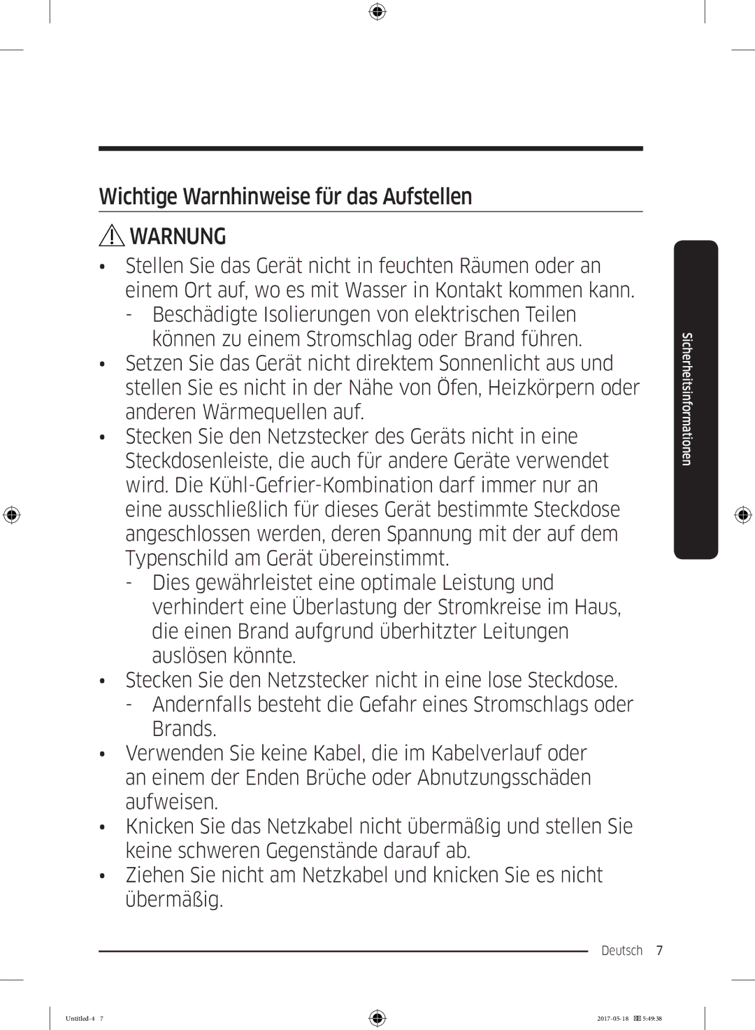 Samsung RB38M7998S4/EF, RB38K7998S4/EF, RL37J501MSA/EG manual Wichtige Warnhinweise für das Aufstellen 