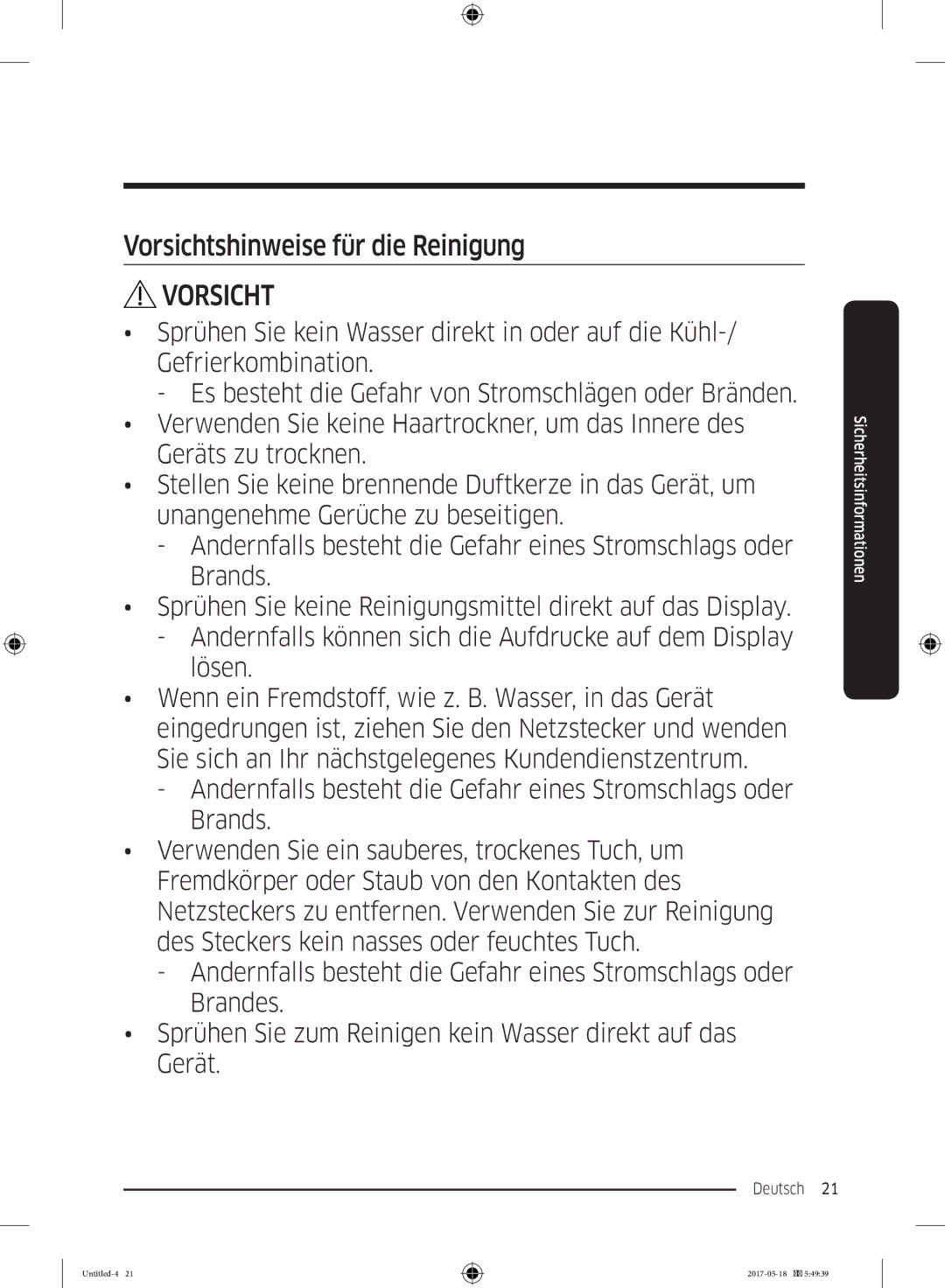 Samsung RL37J501MSA/EG, RB38K7998S4/EF, RB38M7998S4/EF manual Vorsichtshinweise für die Reinigung 