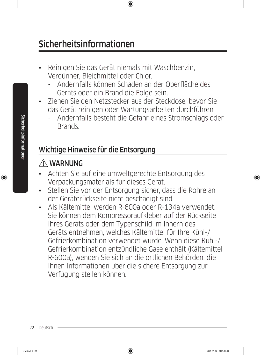 Samsung RB38M7998S4/EF, RB38K7998S4/EF, RL37J501MSA/EG manual Wichtige Hinweise für die Entsorgung 