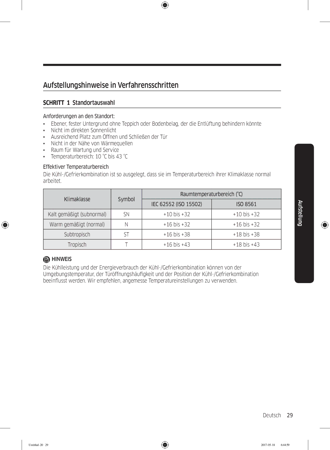 Samsung RB38K7998S4/EF manual Aufstellungshinweise in Verfahrensschritten, Schritt 1 Standortauswahl 