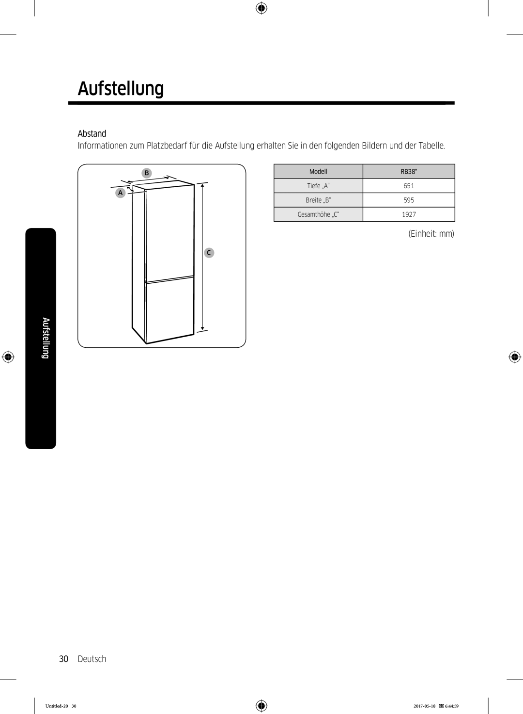 Samsung RB38K7998S4/EF manual Einheit mm Deutsch 