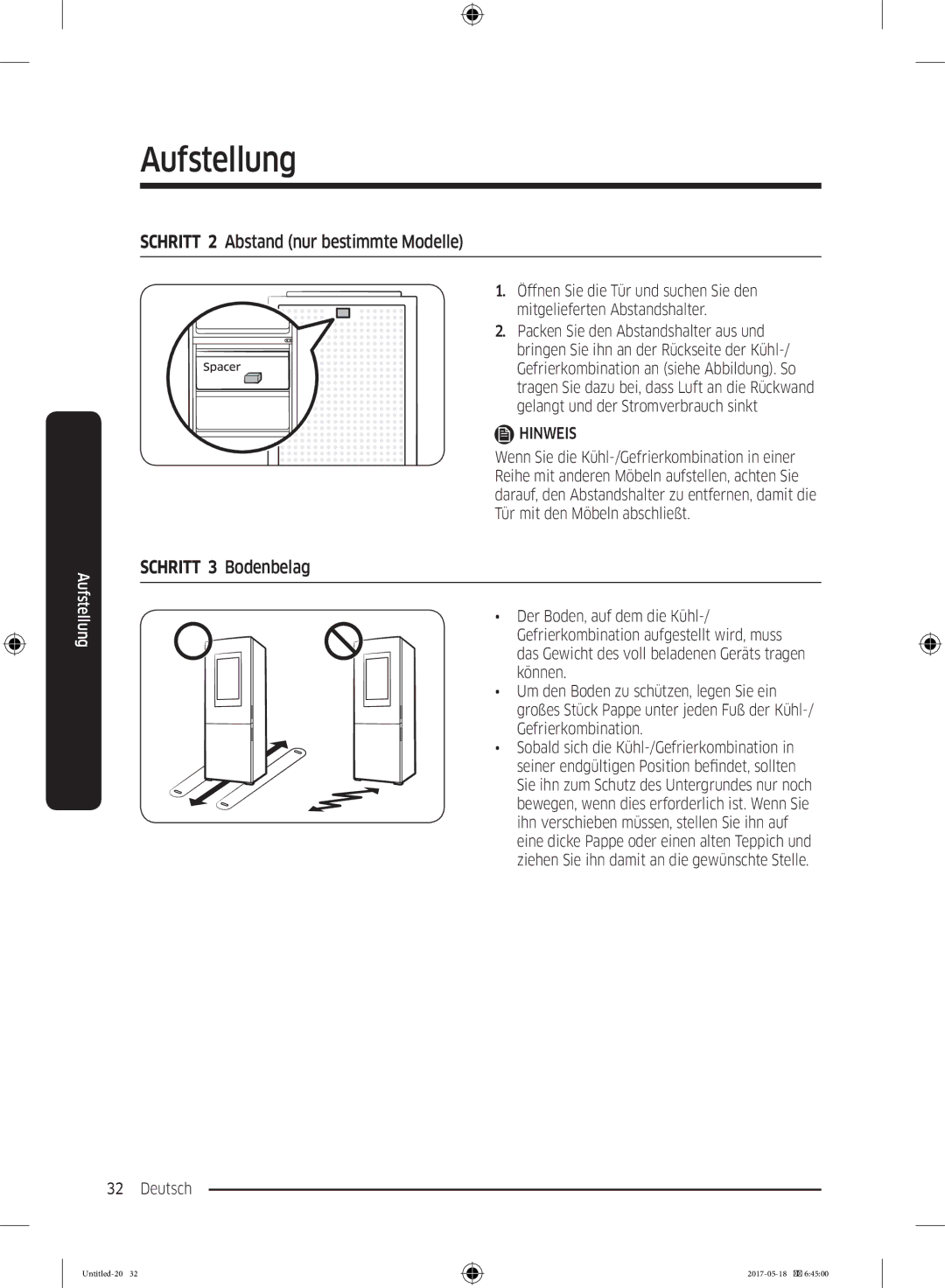 Samsung RB38K7998S4/EF manual Schritt 2 Abstand nur bestimmte Modelle, Schritt 3 Bodenbelag 