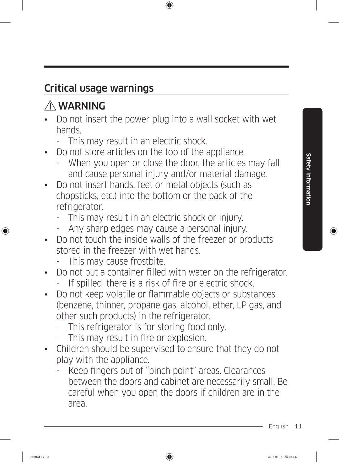 Samsung RB38K7998S4/EF manual Critical usage warnings 