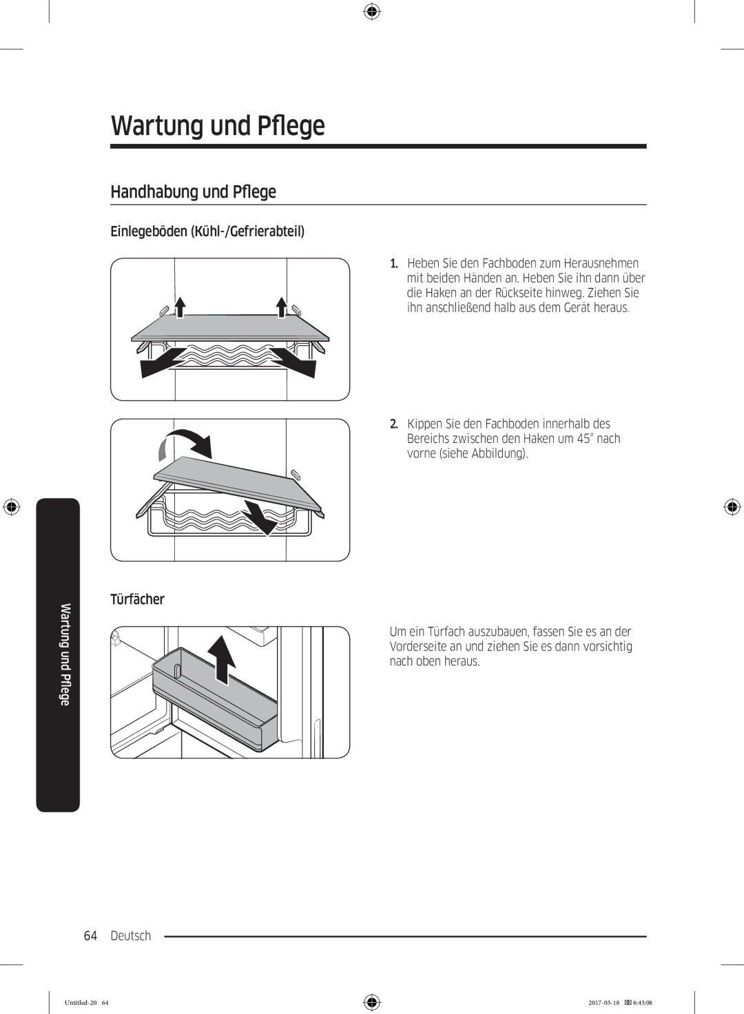 Samsung RB38K7998S4/EF manual Handhabung und Pflege, Einlegeböden Kühl-/Gefrierabteil, Türfächer 