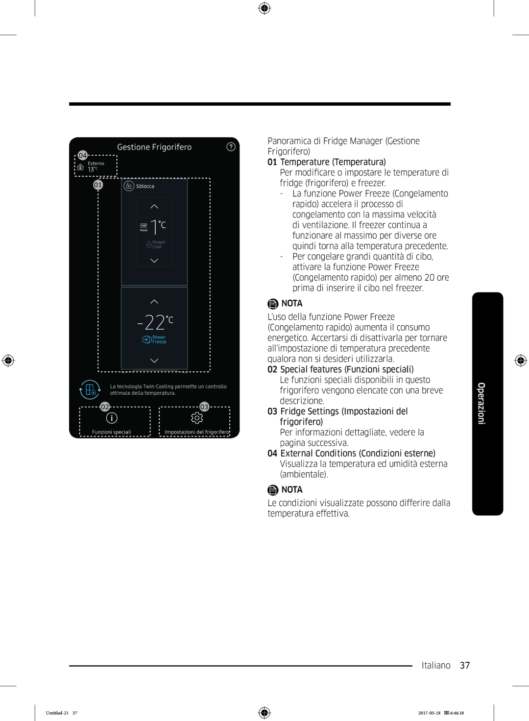 Samsung RB38K7998S4/EF manual Panoramica di Fridge Manager Gestione, Frigorifero, Temperature Temperatura, Descrizione 