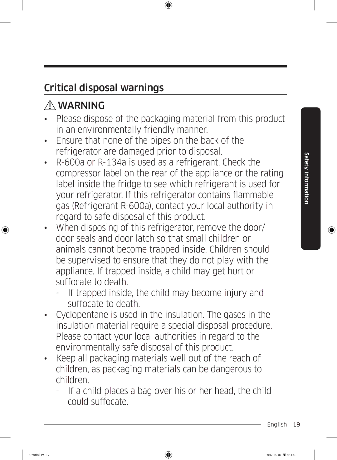 Samsung RB38K7998S4/EF manual Critical disposal warnings 