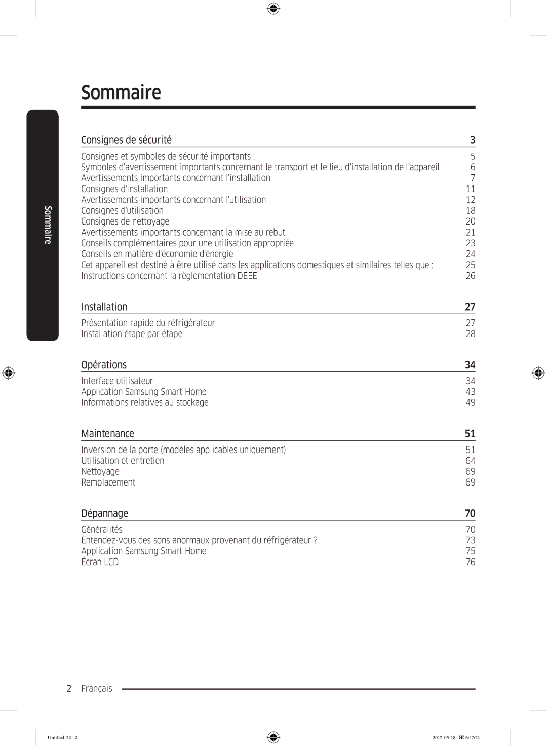 Samsung RB38K7998S4/EF manual Sommaire, Consignes de sécurité, Opérations, Dépannage 