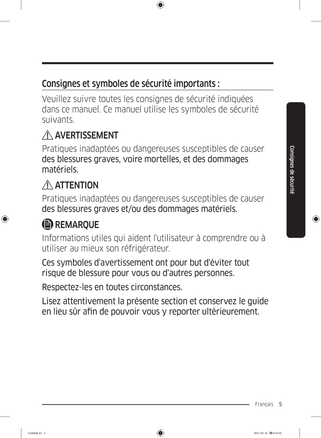 Samsung RB38K7998S4/EF manual Consignes et symboles de sécurité importants, Avertissement 