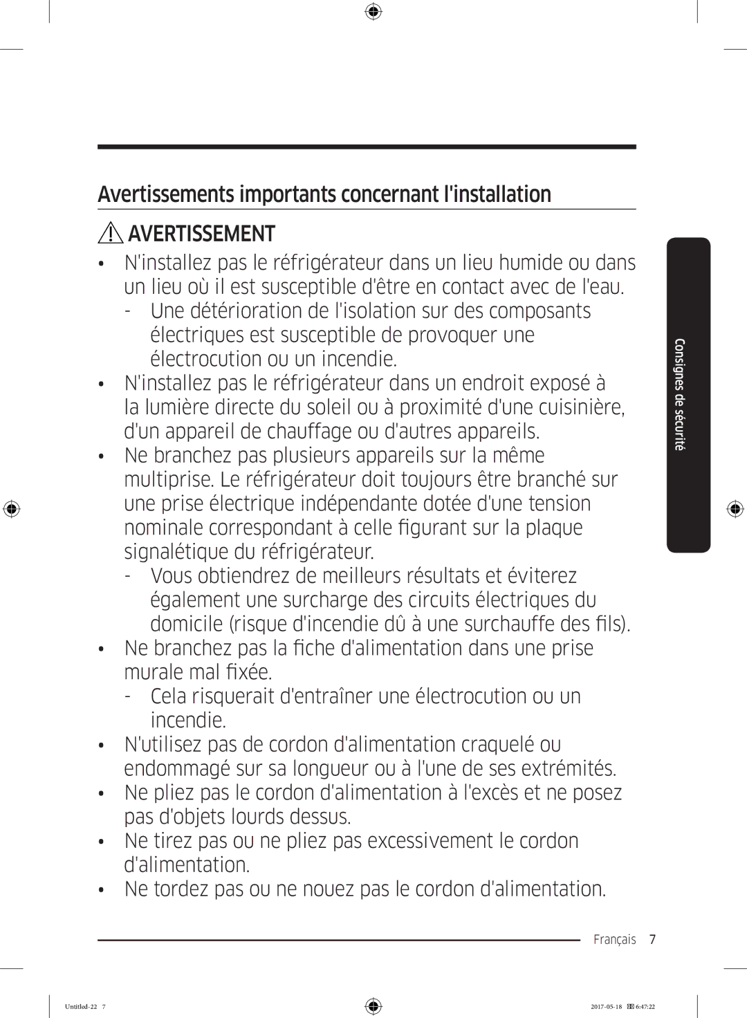 Samsung RB38K7998S4/EF manual Avertissements importants concernant linstallation 