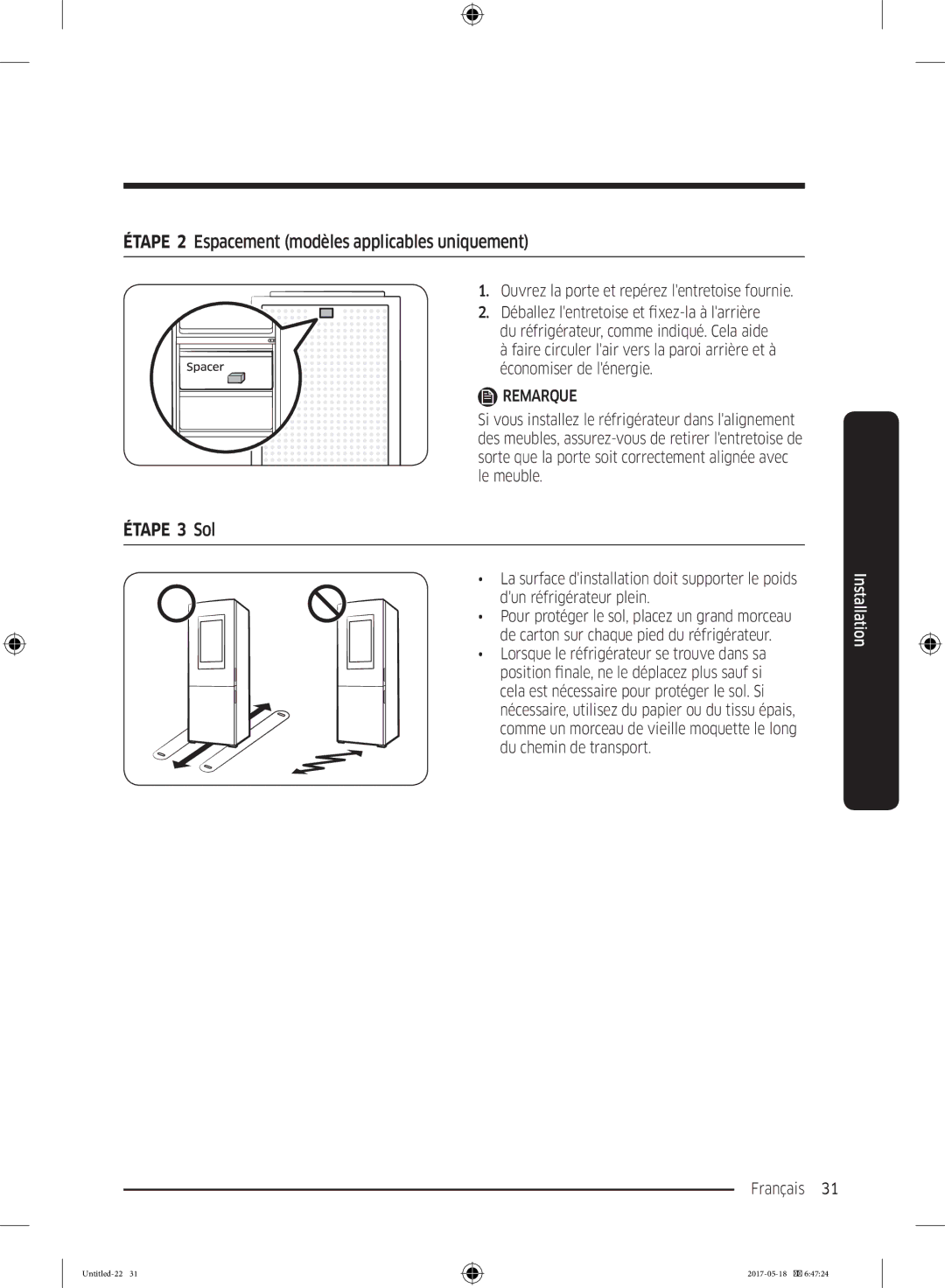 Samsung RB38K7998S4/EF manual Étape 2 Espacement modèles applicables uniquement, Étape 3 Sol 