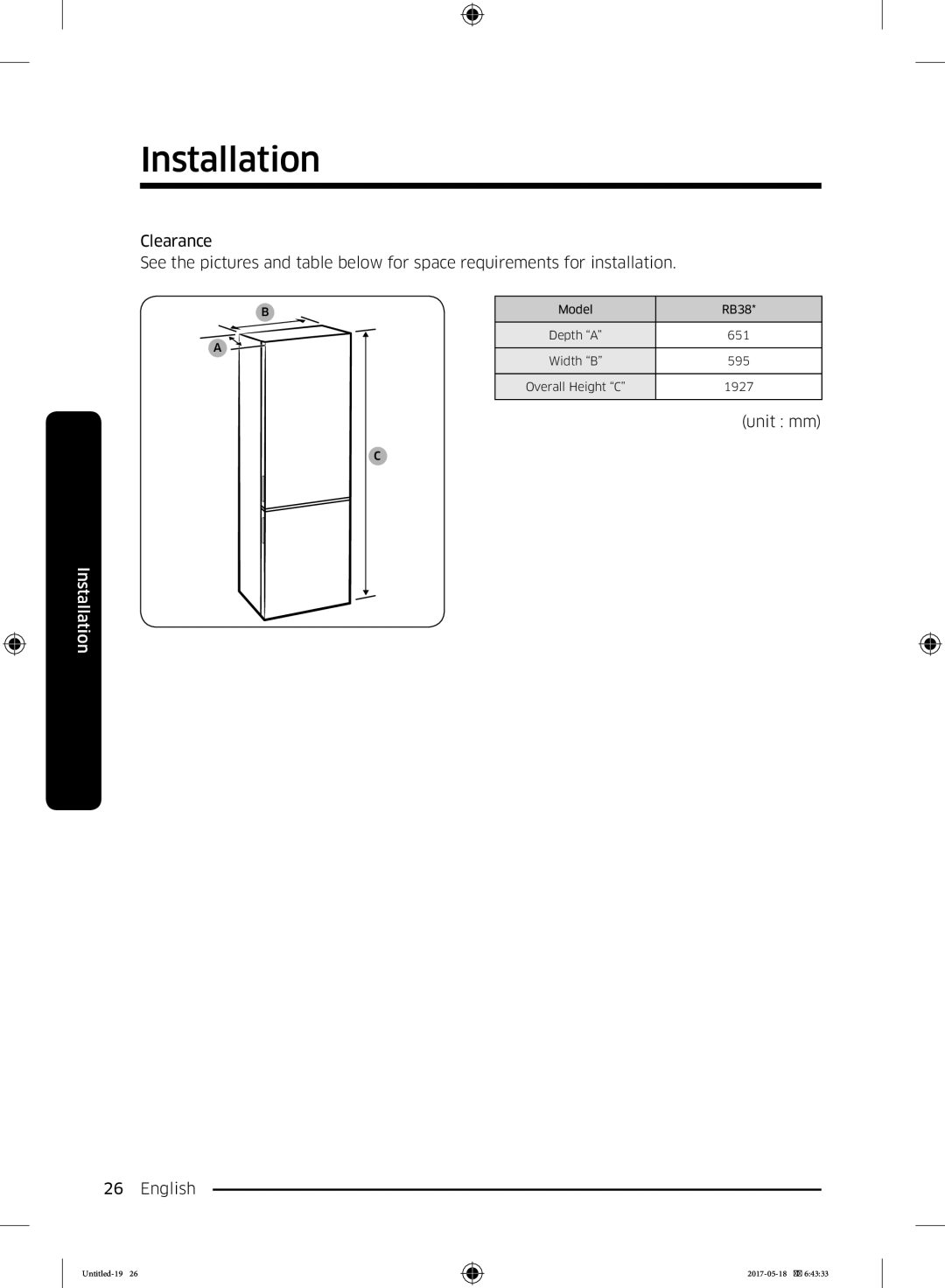 Samsung RB38K7998S4/EF manual Unit mm English 