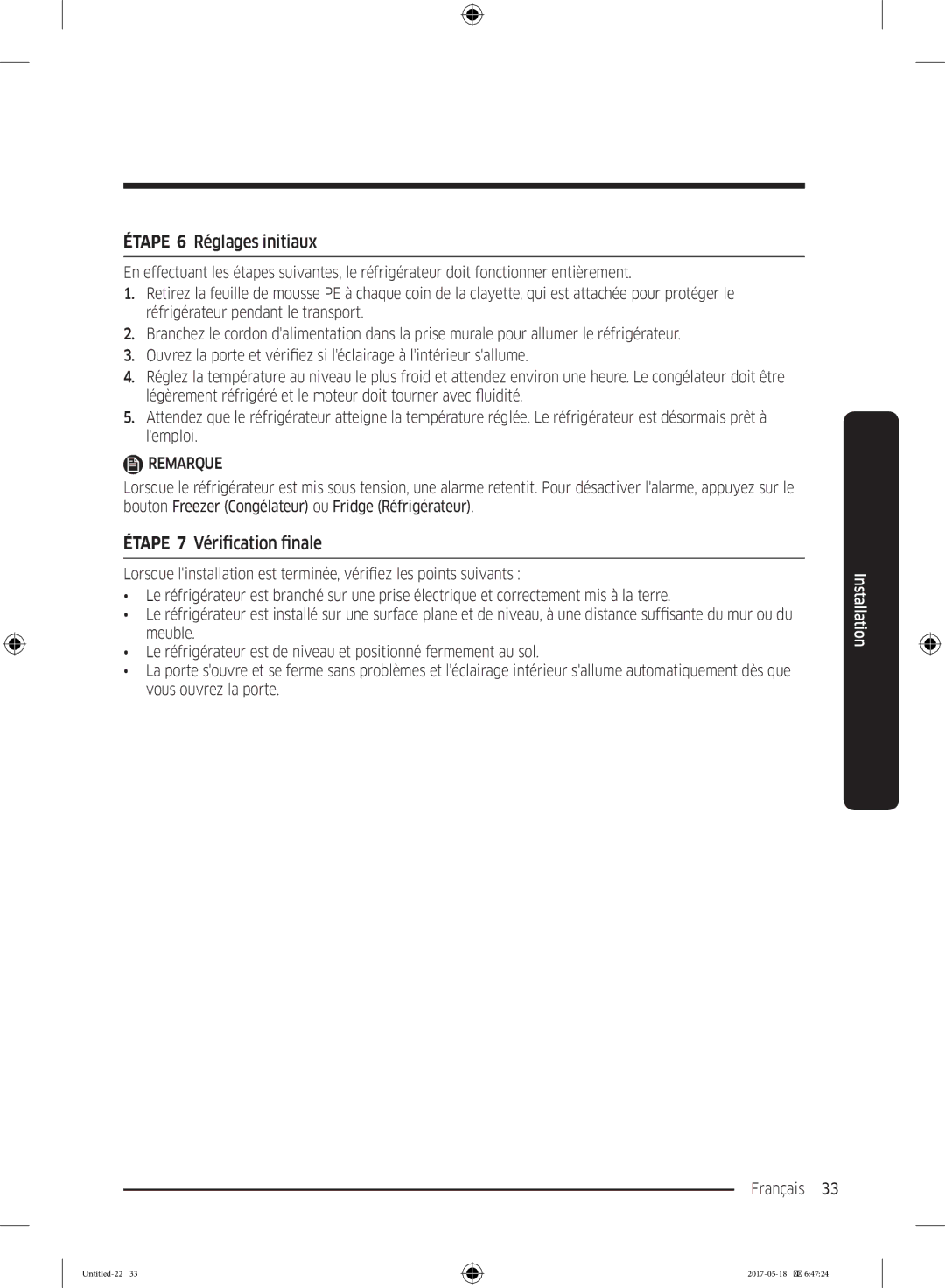 Samsung RB38K7998S4/EF manual Étape 6 Réglages initiaux, Étape 7 Vérification finale 