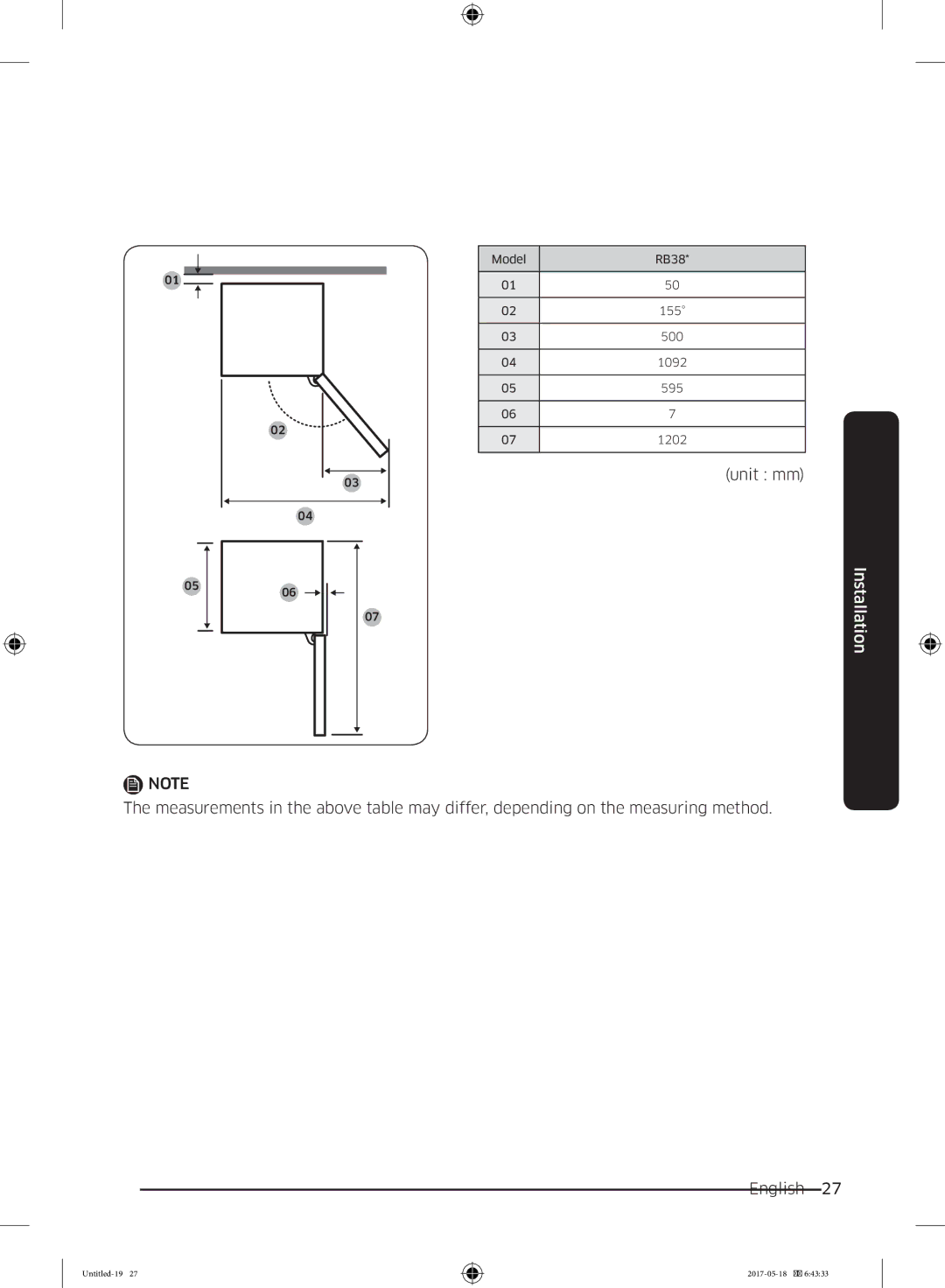 Samsung RB38K7998S4/EF manual Unit mm 