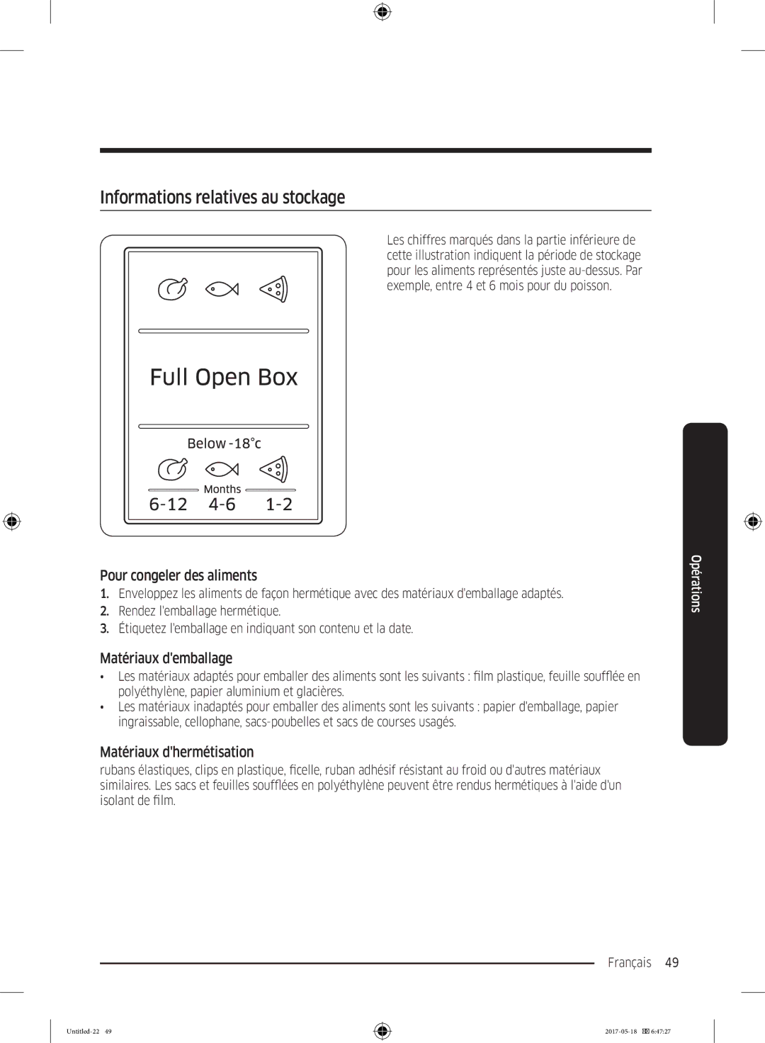 Samsung RB38K7998S4/EF manual Informations relatives au stockage, Pour congeler des aliments, Matériaux demballage 