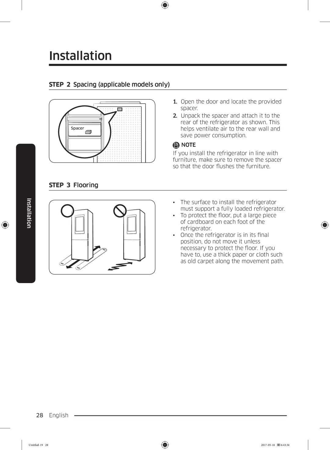 Samsung RB38K7998S4/EF manual Spacing applicable models only, Flooring 