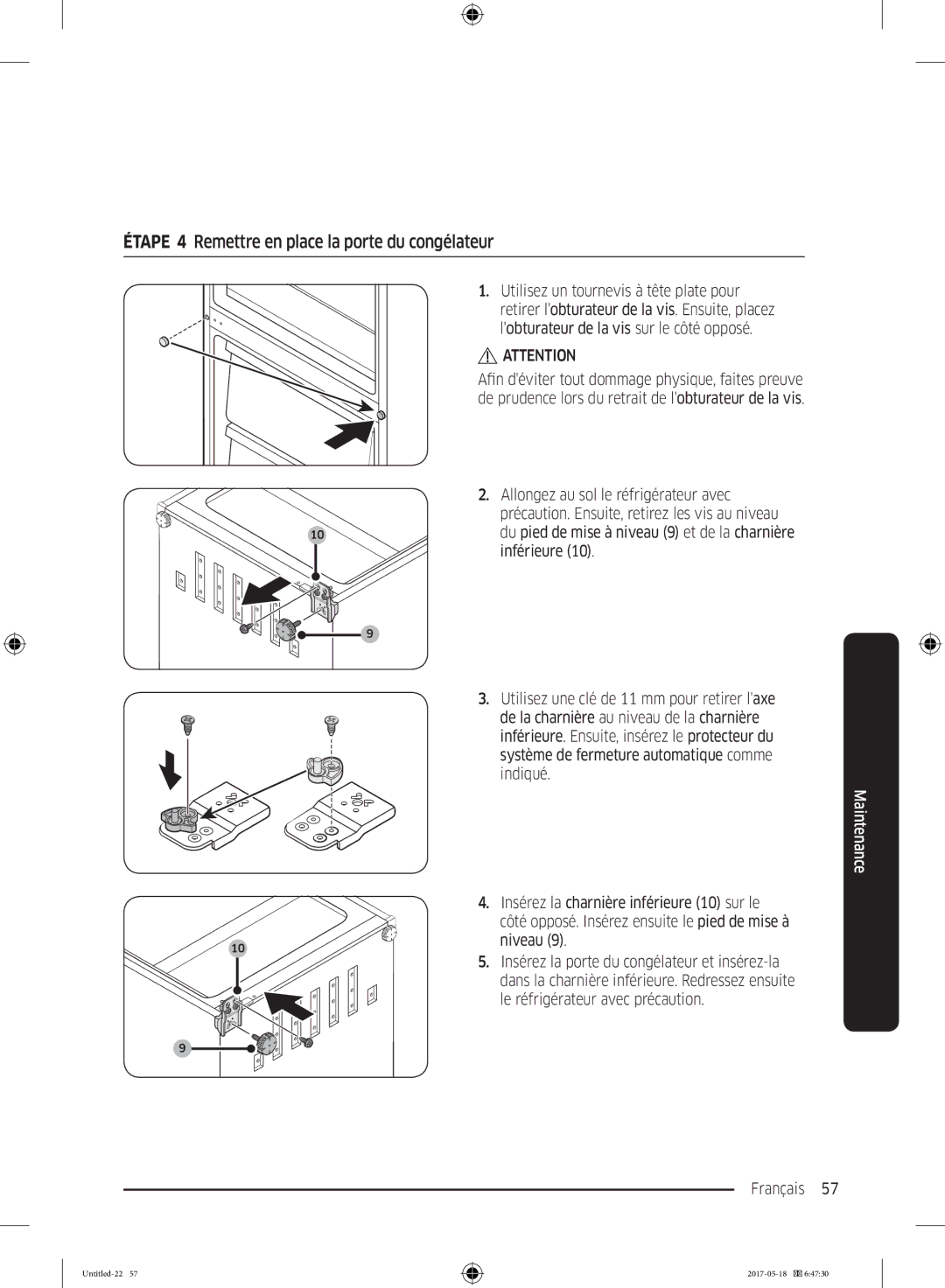 Samsung RB38K7998S4/EF manual Étape 4 Remettre en place la porte du congélateur, Lobturateur de la vis sur le côté opposé 