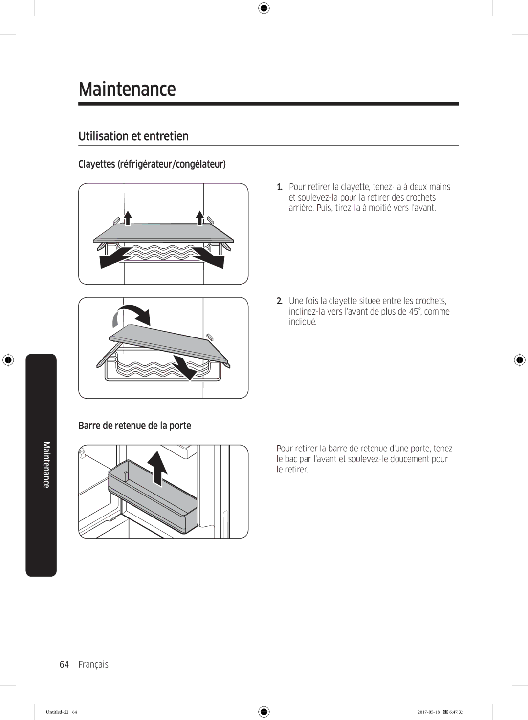 Samsung RB38K7998S4/EF manual Utilisation et entretien, Clayettes réfrigérateur/congélateur, Barre de retenue de la porte 