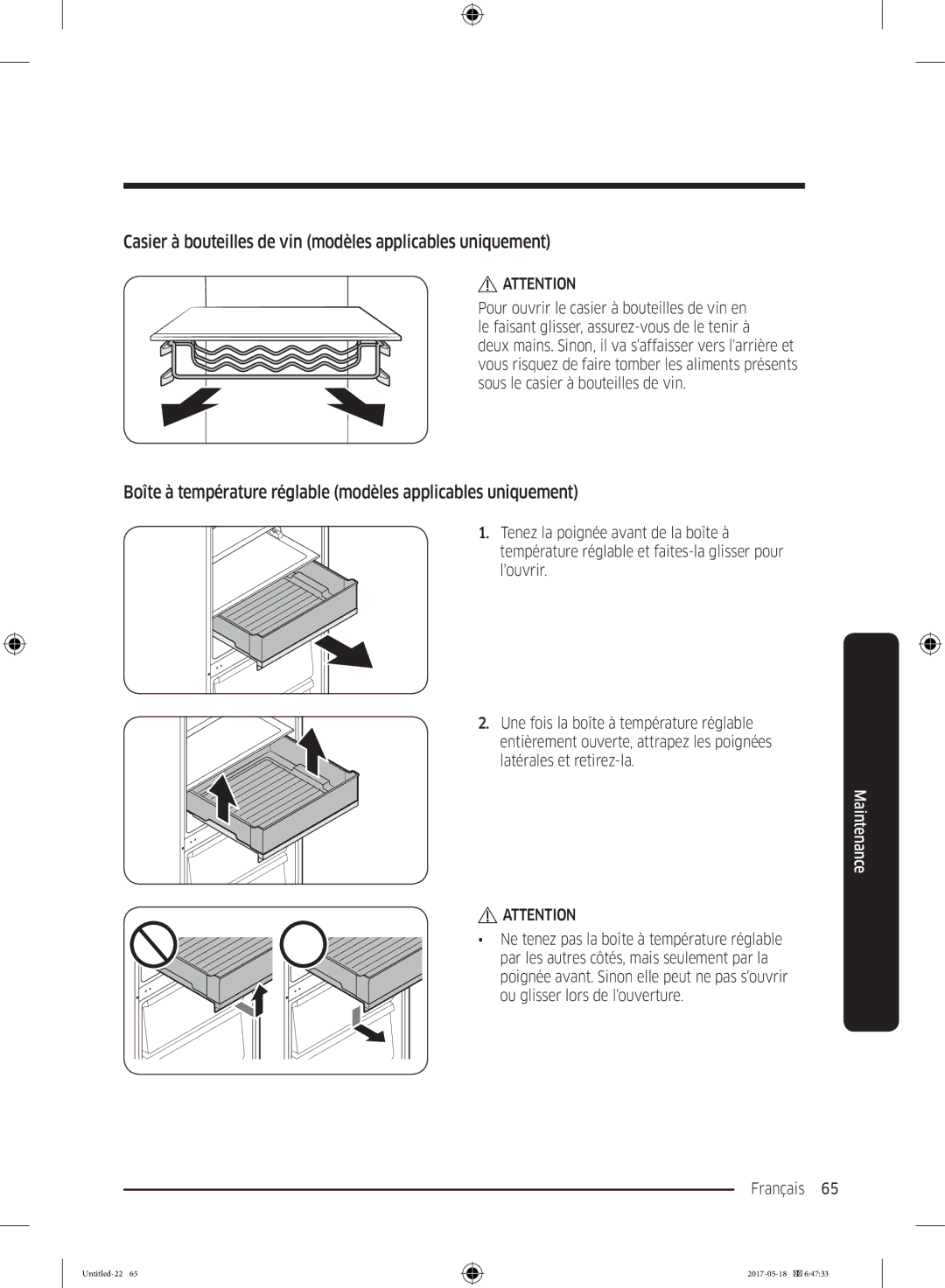 Samsung RB38K7998S4/EF manual Casier à bouteilles de vin modèles applicables uniquement, Latérales et retirez-la 