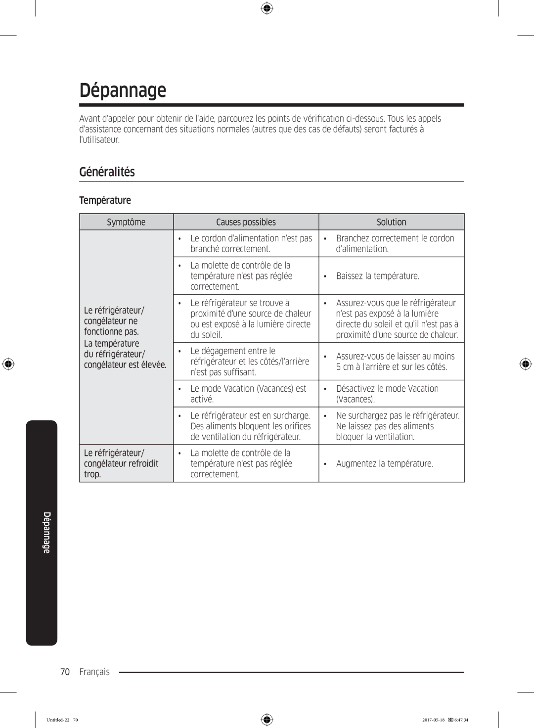 Samsung RB38K7998S4/EF manual Dépannage, Généralités, Température 