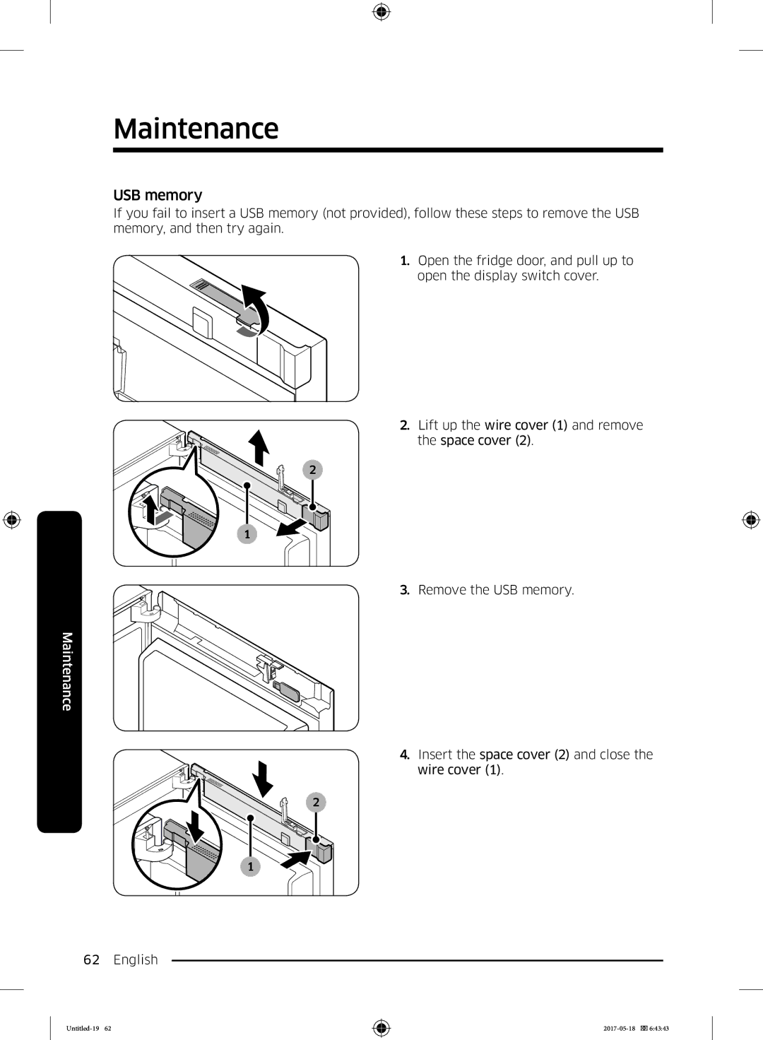 Samsung RB38K7998S4/EF manual USB memory, Insert the space cover 2 and close the wire cover English 