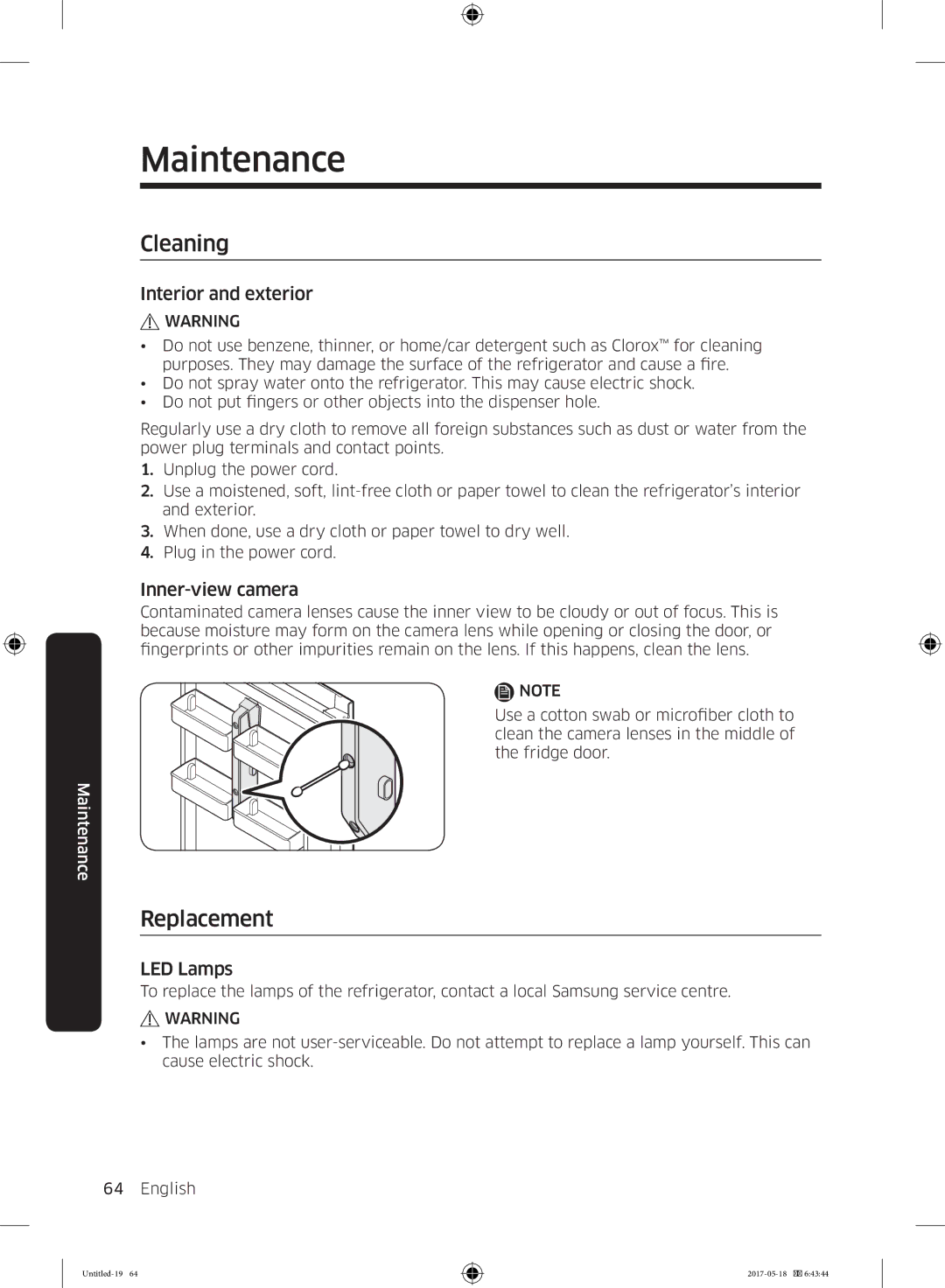 Samsung RB38K7998S4/EF manual Cleaning, Replacement, Interior and exterior, Inner-view camera, LED Lamps 