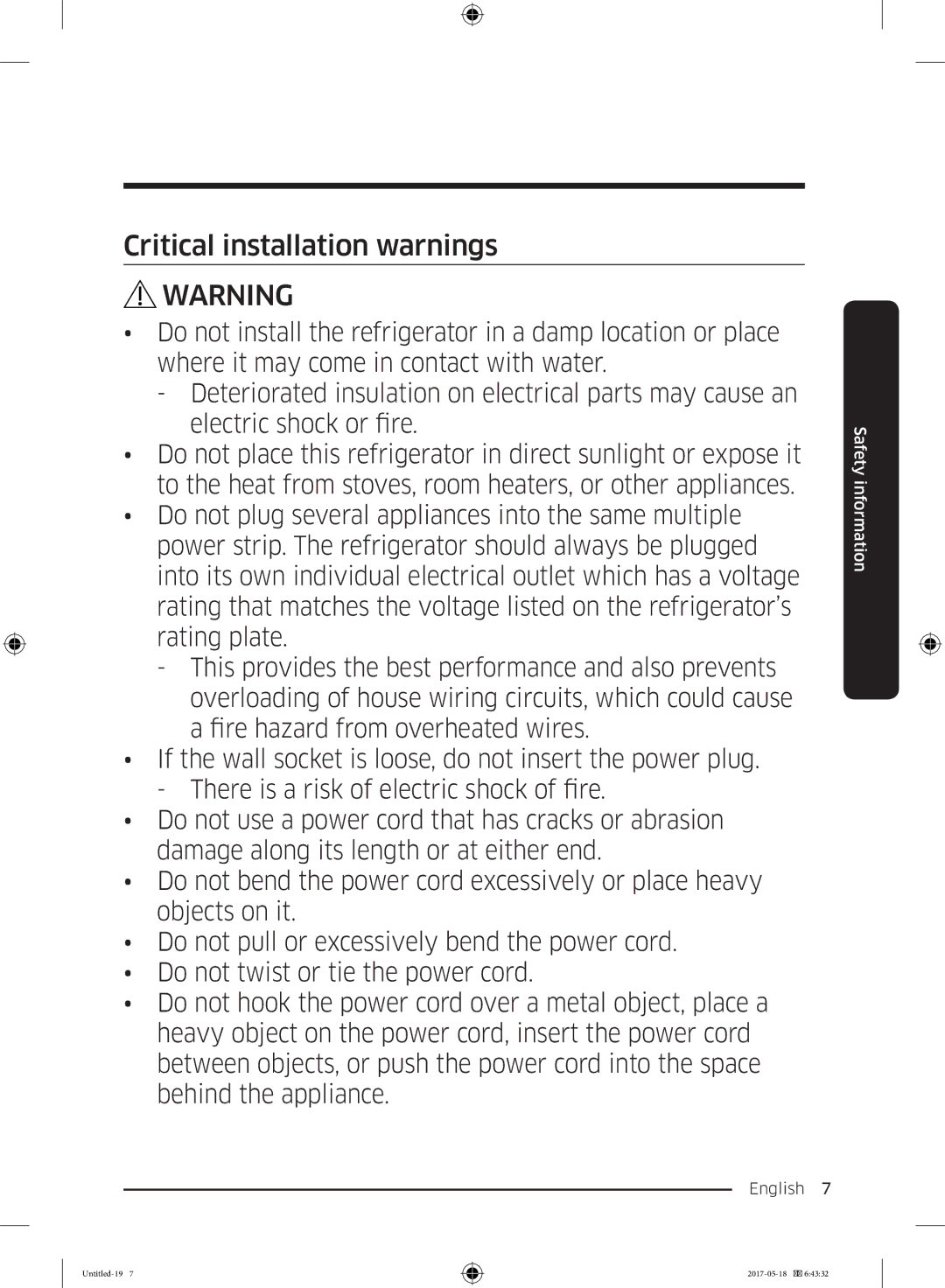 Samsung RB38K7998S4/EF manual Critical installation warnings 