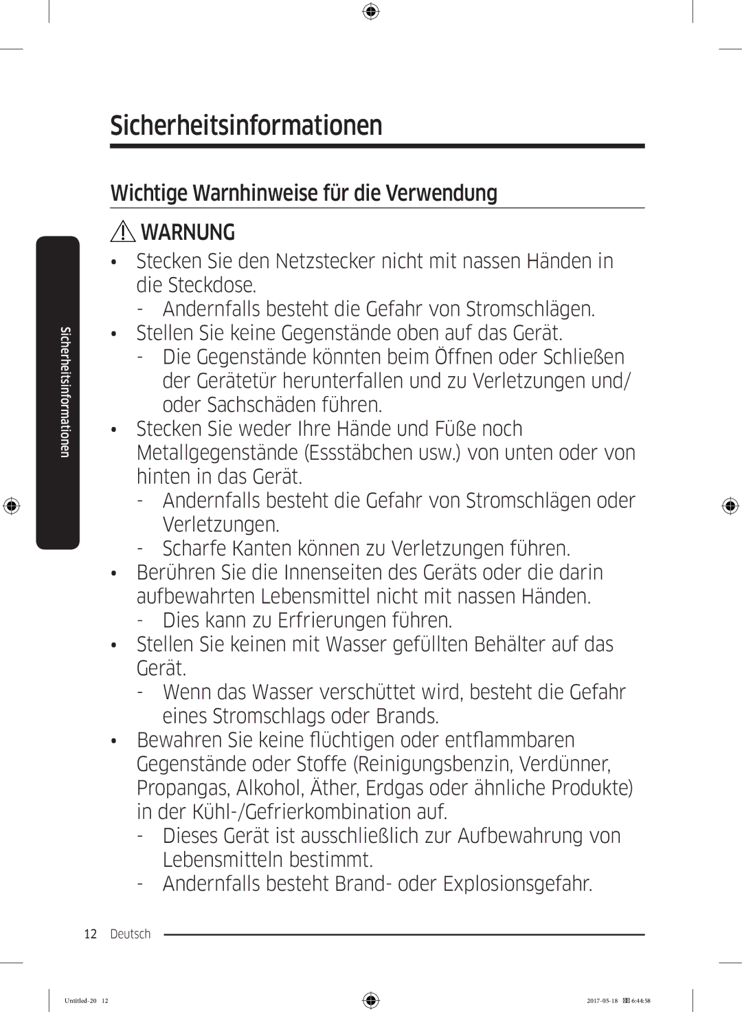 Samsung RB38K7998S4/EF manual Wichtige Warnhinweise für die Verwendung 