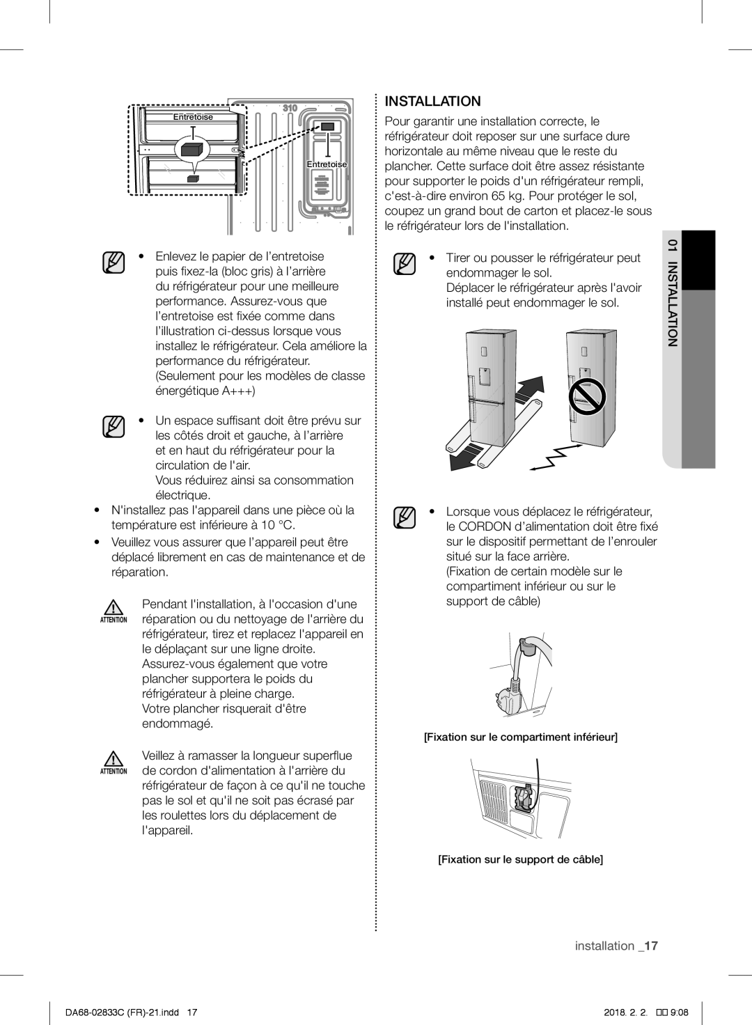 Samsung RB31FERNCSA/EF, RB3EJ5200WW/EF, RB37J5325SS/EF, RB30J3700WW/EF, RB37J5700SA/EF, RB37J5600SA/EF manual Installation 