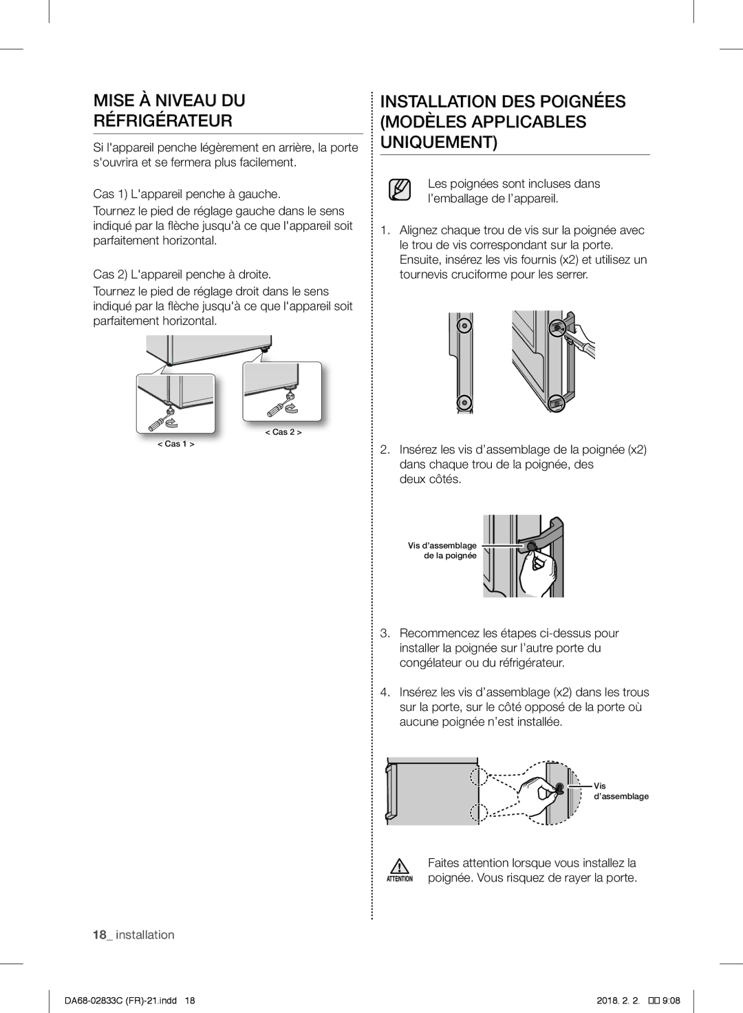 Samsung RB3EJ5200SA/EF manual Mise À Niveau DU Réfrigérateur, Installation DES Poignées Modèles Applicables Uniquement 