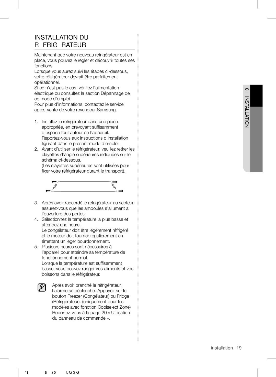 Samsung RB37J5320WW/EF, RB3EJ5200WW/EF, RB37J5325SS/EF, RB30J3700WW/EF manual Installation DU Réfrigérateur, 01installation 