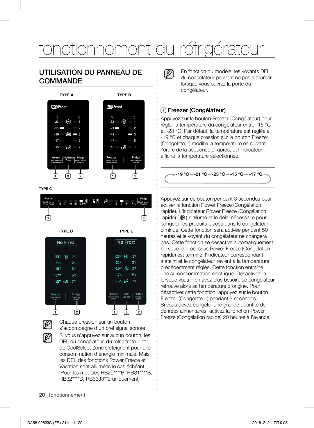 Samsung RB37J5320SS/EF, RB3EJ5200WW/EF, RB37J5325SS/EF manual Utilisation DU Panneau DE Commande, Freezer Congélateur 