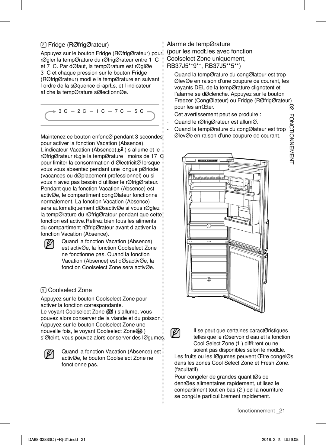 Samsung RB37J5025SA/EF, RB3EJ5200WW/EF, RB37J5325SS/EF, RB30J3700WW/EF, RB37J5700SA/EF Fridge Réfrigérateur, Coolselect Zone 