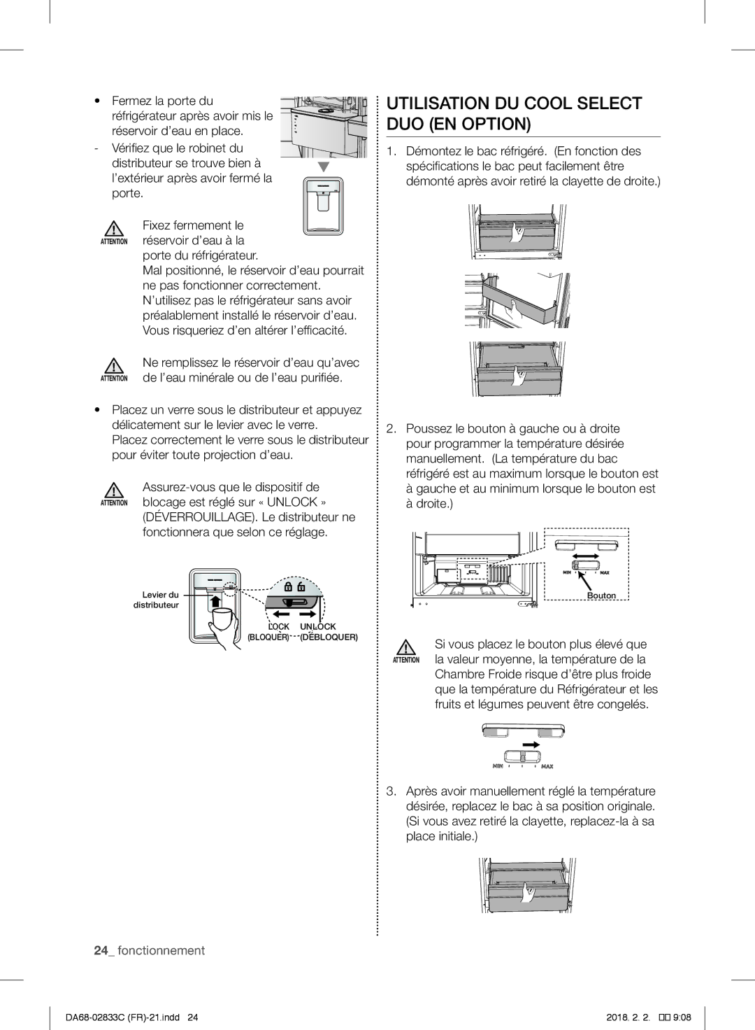 Samsung RB37J501MSA/EF, RB3EJ5200WW/EF, RB37J5325SS/EF Utilisation DU Cool Select DUO EN Option, Porte du réfrigérateur 