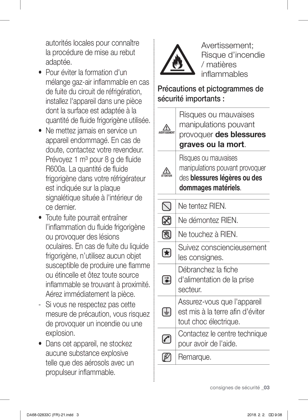 Samsung RB37J5700SA/EF Ne tentez Rien, Ne démontez Rien, Ne touchez à Rien, Les consignes, Débranchez la fiche, Secteur 