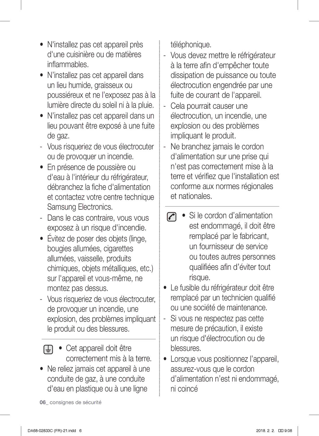 Samsung RB29FSRNDSA/EF Téléphonique Vous devez mettre le réfrigérateur, Cet appareil doit être correctement mis à la terre 